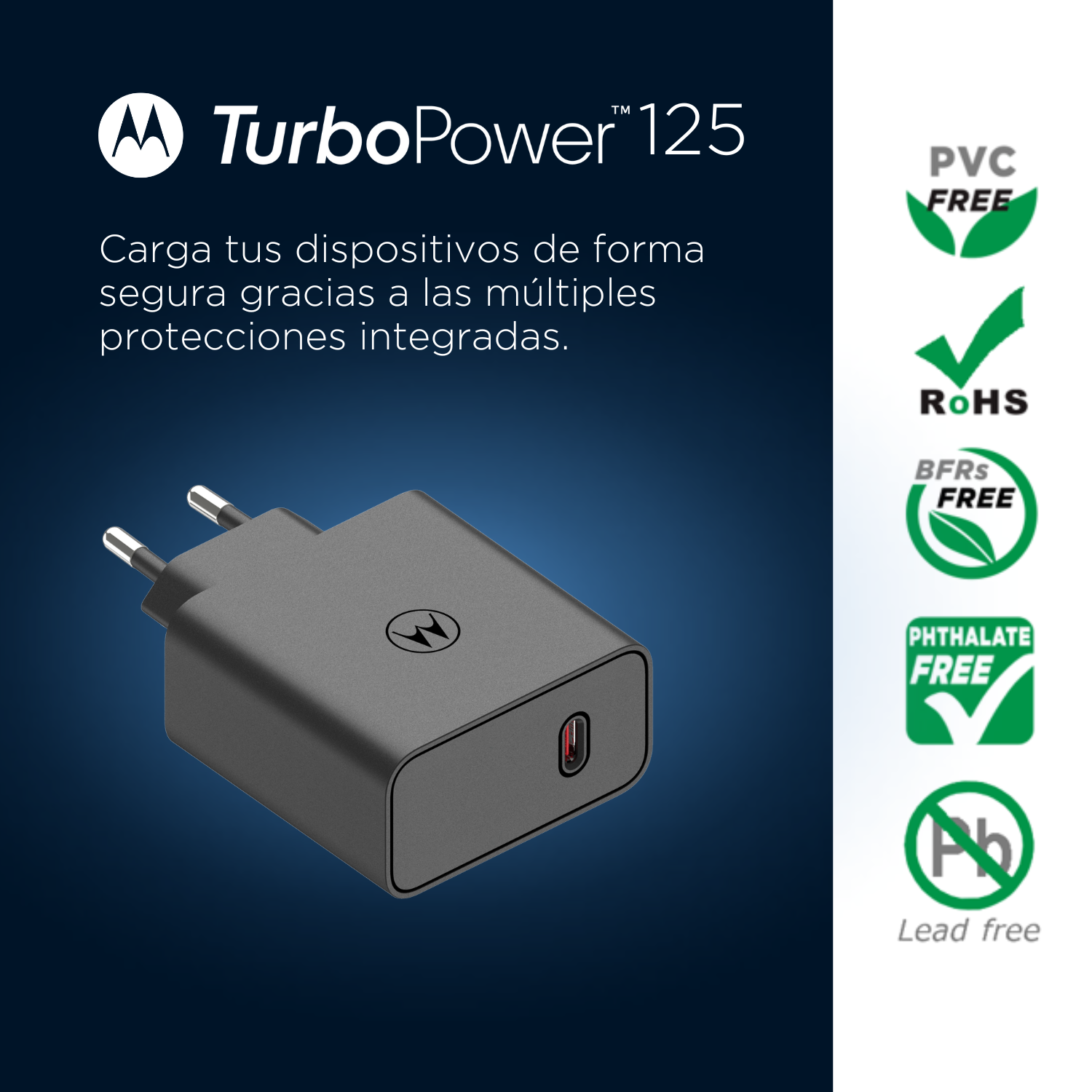 Un cargador Motorola TurboPower 125 gris. Texto: 'Carga tus dispositivos...protecciones integradas.' y varios logotipos ecológicos.