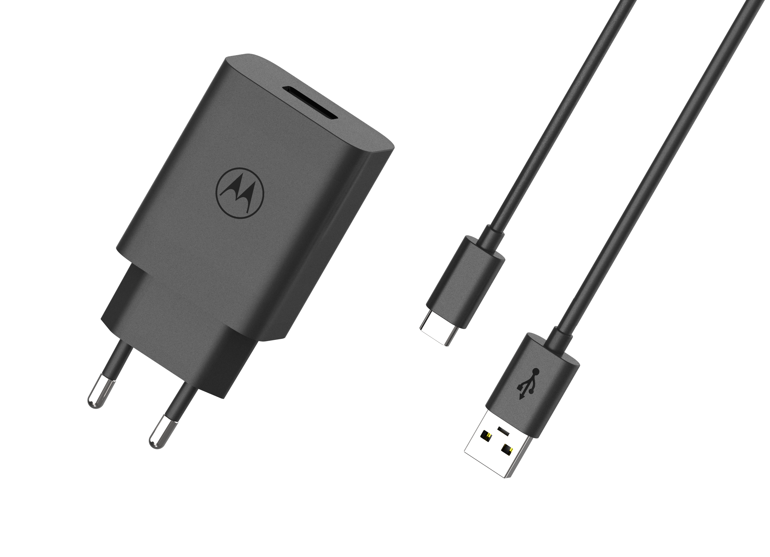 Ein graues Motorola-Ladegerät und zwei schwarze Ladekabel mit USB- und USB-C-Anschlüssen auf schwarzem Hintergrund.