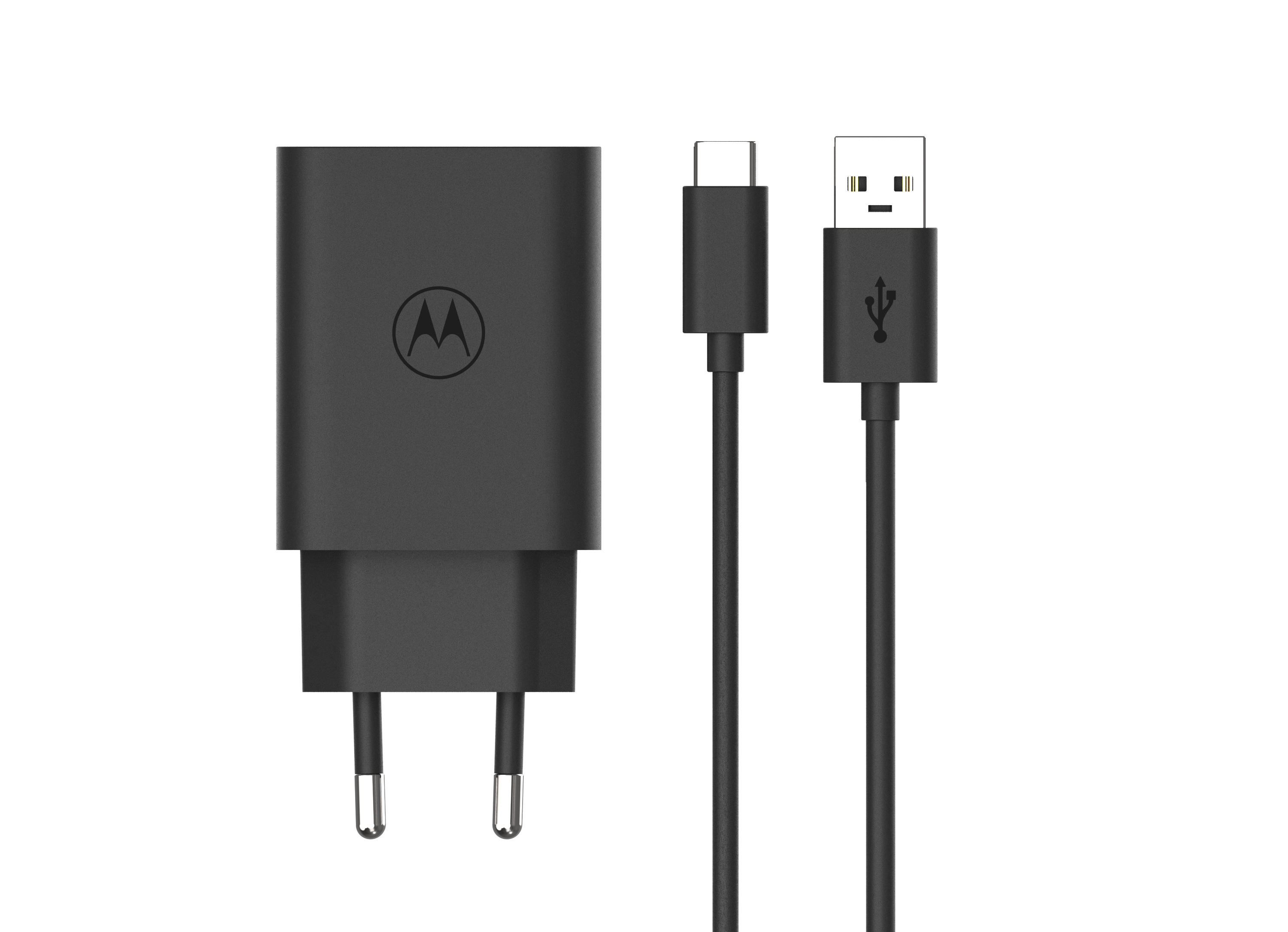 Ein Motorola-Ladegerät mit zwei Kabeln. Eines ist USB-C, das andere USB-A. Alle Artikel sind schwarz.