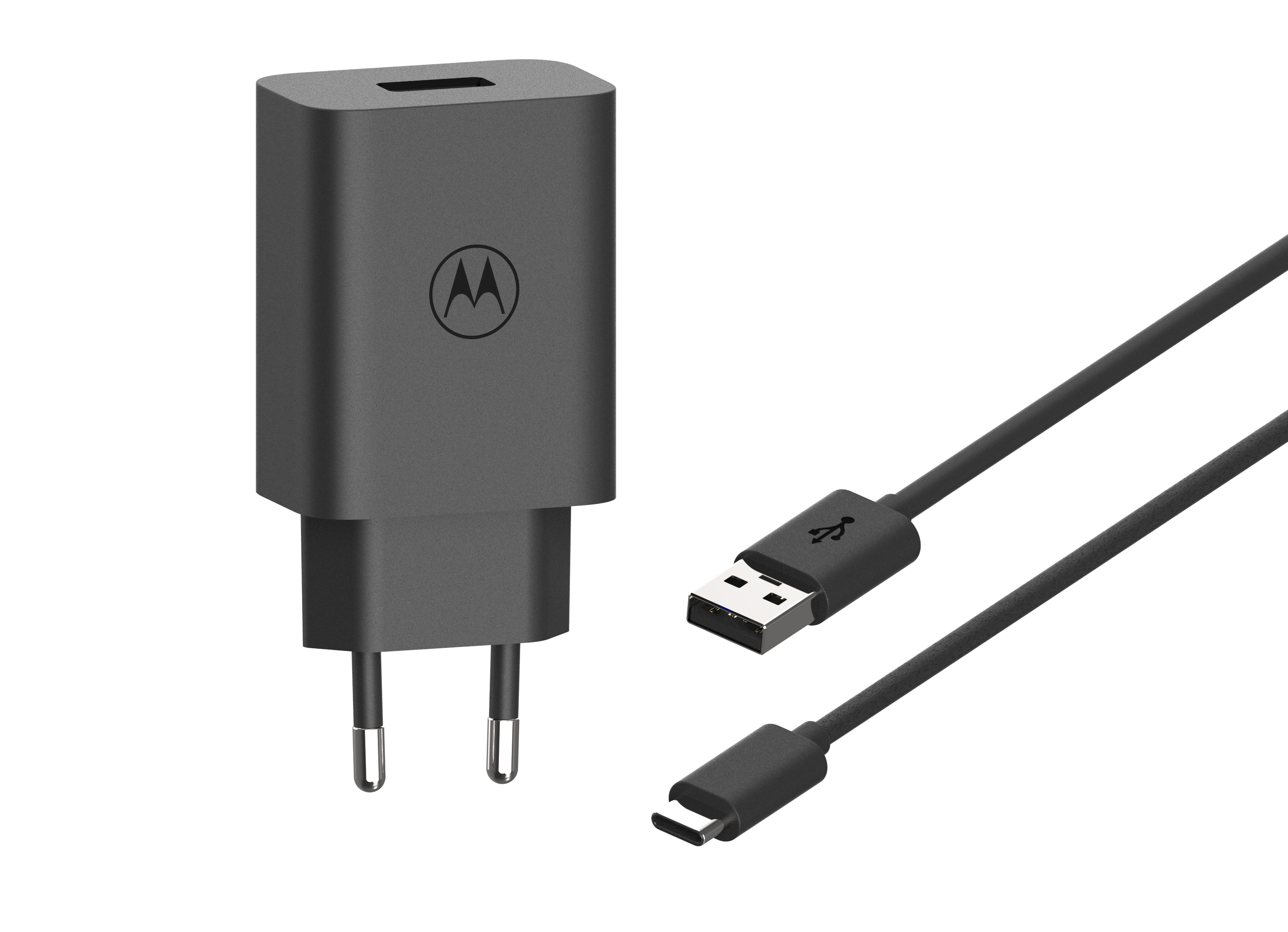 Ein graues Motorola-Ladegerät mit USB- und USB-C-Kabel auf schwarzem Hintergrund.