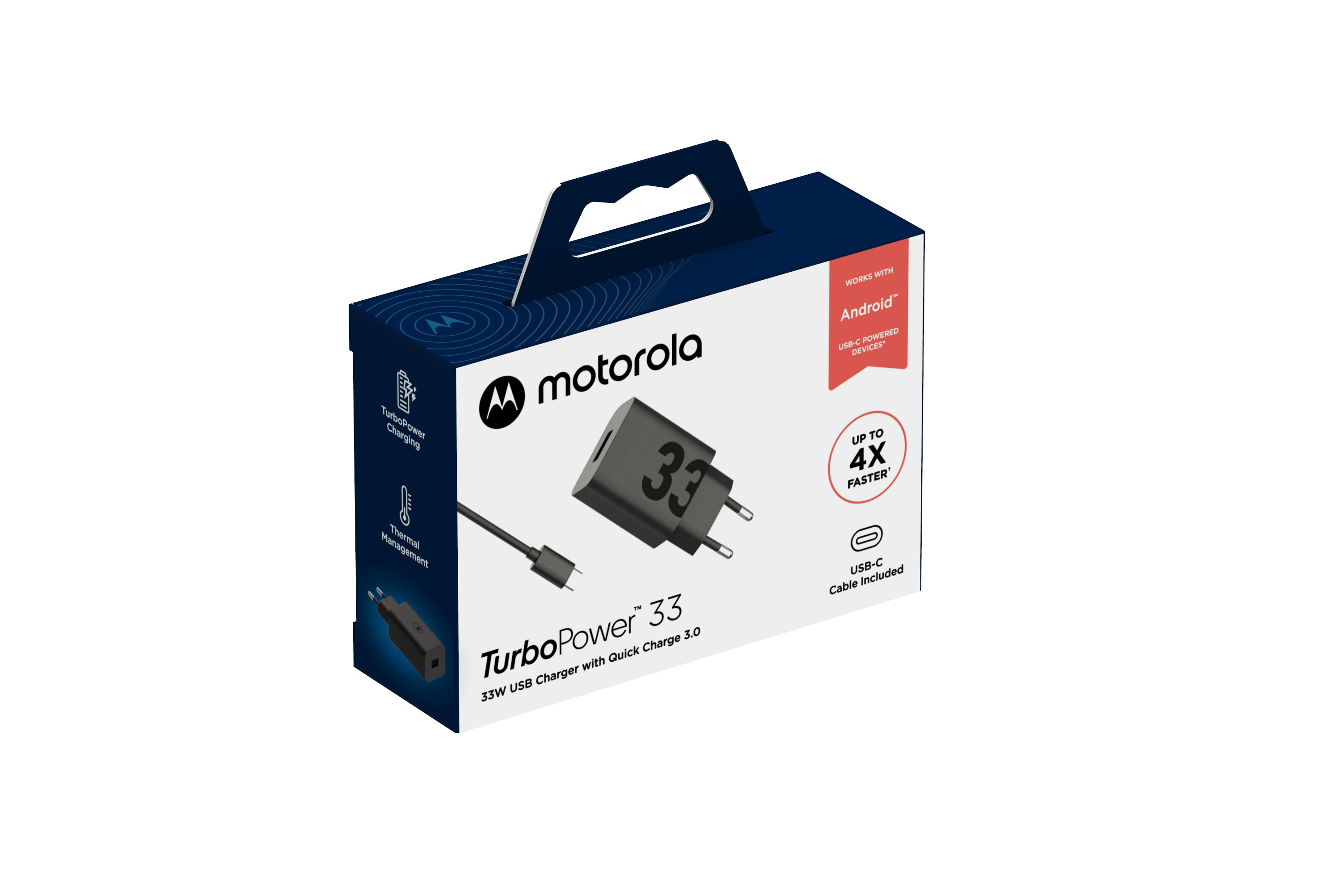 Eine Motorola TurboPower 33 Ladegerätbox. Die Box ist blau und schwarz, mit Ladegerät und Kabel. Es ist für Android-Geräte.