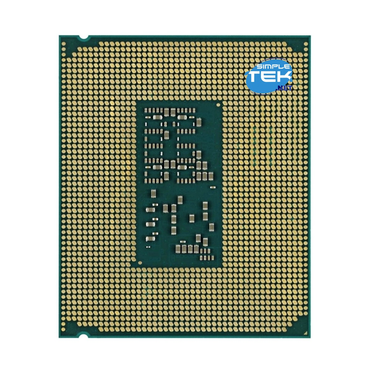 Procesor CPU, złote piny na zielonej podstawie, z ciemnozieloną częścią centralną zawierającą małe elementy. Widoczne logo Simple Tek.