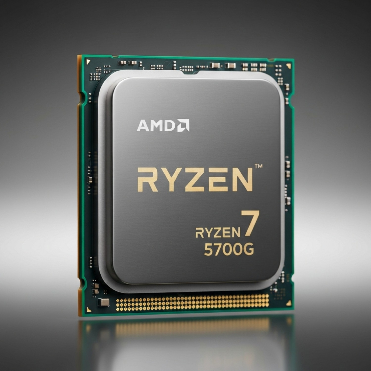 Primer plano de un procesador AMD Ryzen 7 5700G. Tiene una superficie metálica gris con el logotipo de AMD y la marca Ryzen en dorado.