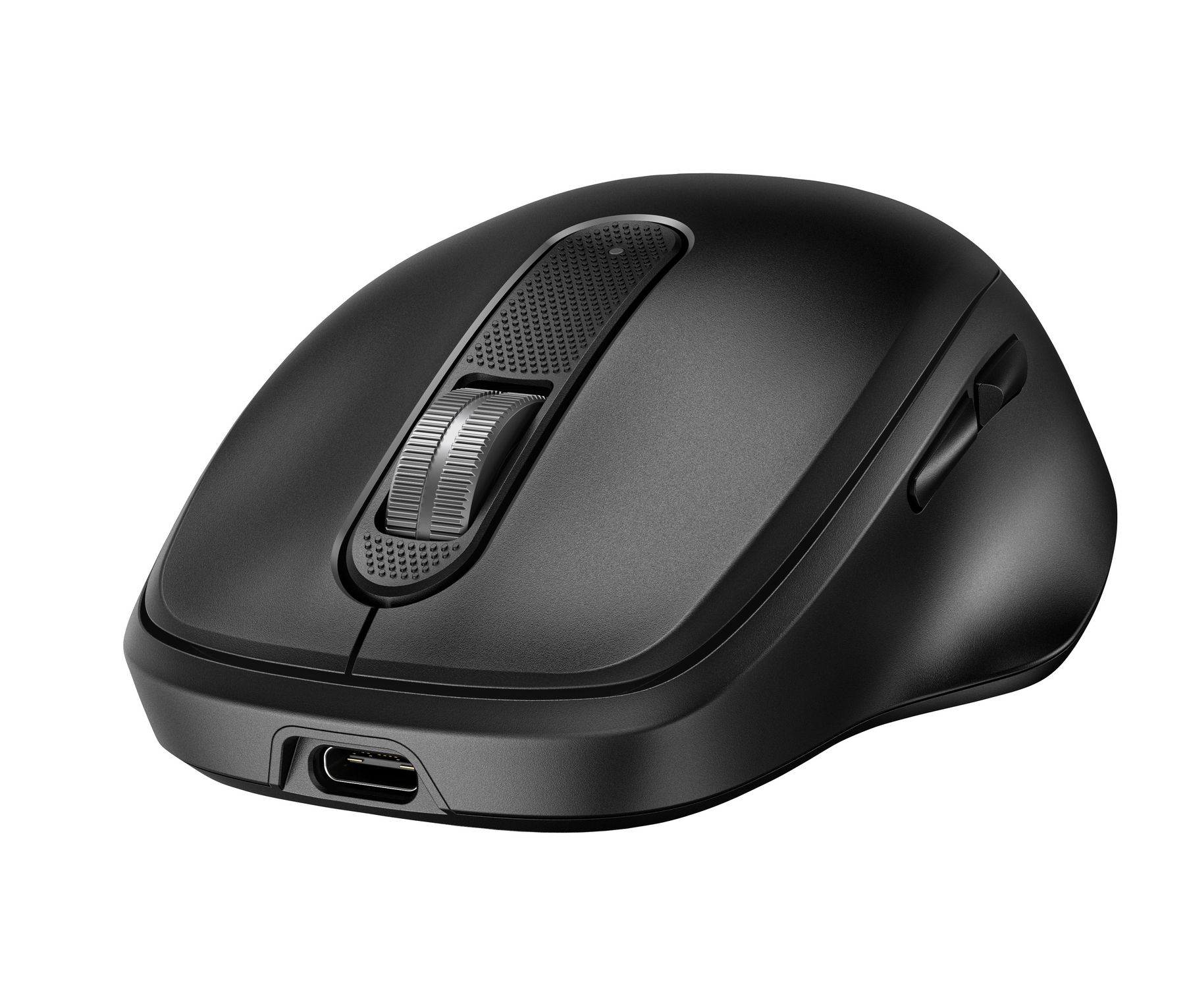 Mouse per computer wireless nero. Ha una rotella, pulsanti e una porta USB-C. Lo sfondo è bianco.
