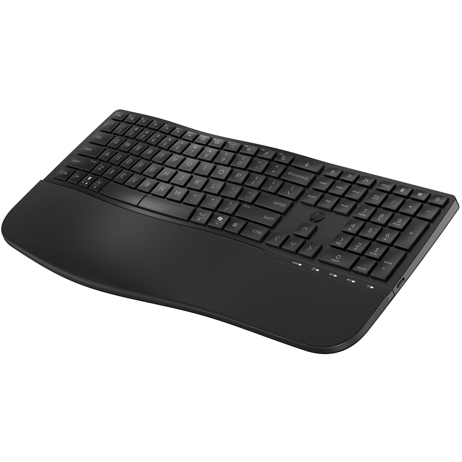 Eine schwarze kabellose HP-Tastatur mit ergonomischem Design, einschließlich einer Handgelenkauflage. Tasten, Zahlen und Symbole sind sichtbar.