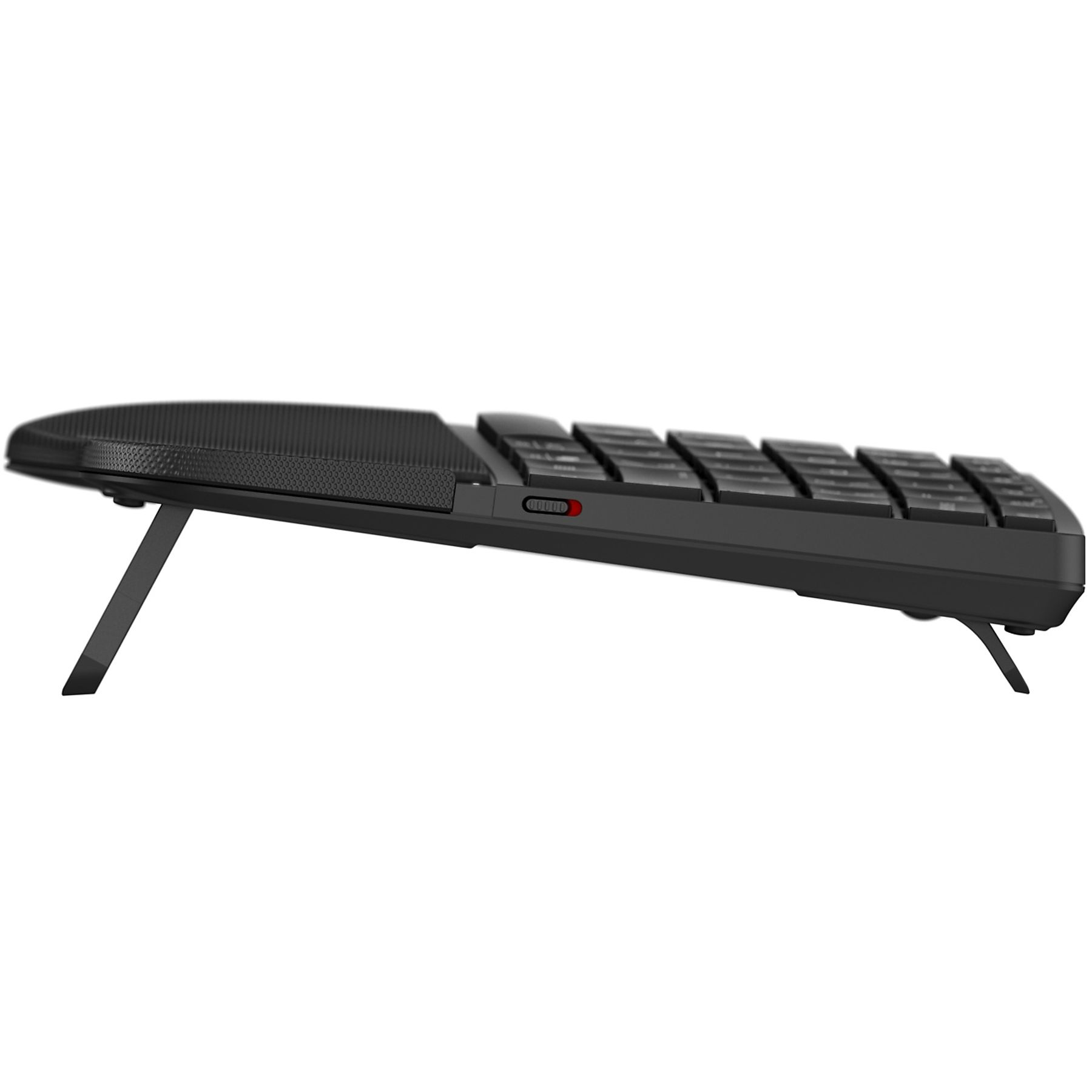 Eine schwarze Tastatur wird von zwei Beinen aufgestützt. Die Tastatur hat schwarze Tasten und eine strukturierte Handballenauflage.