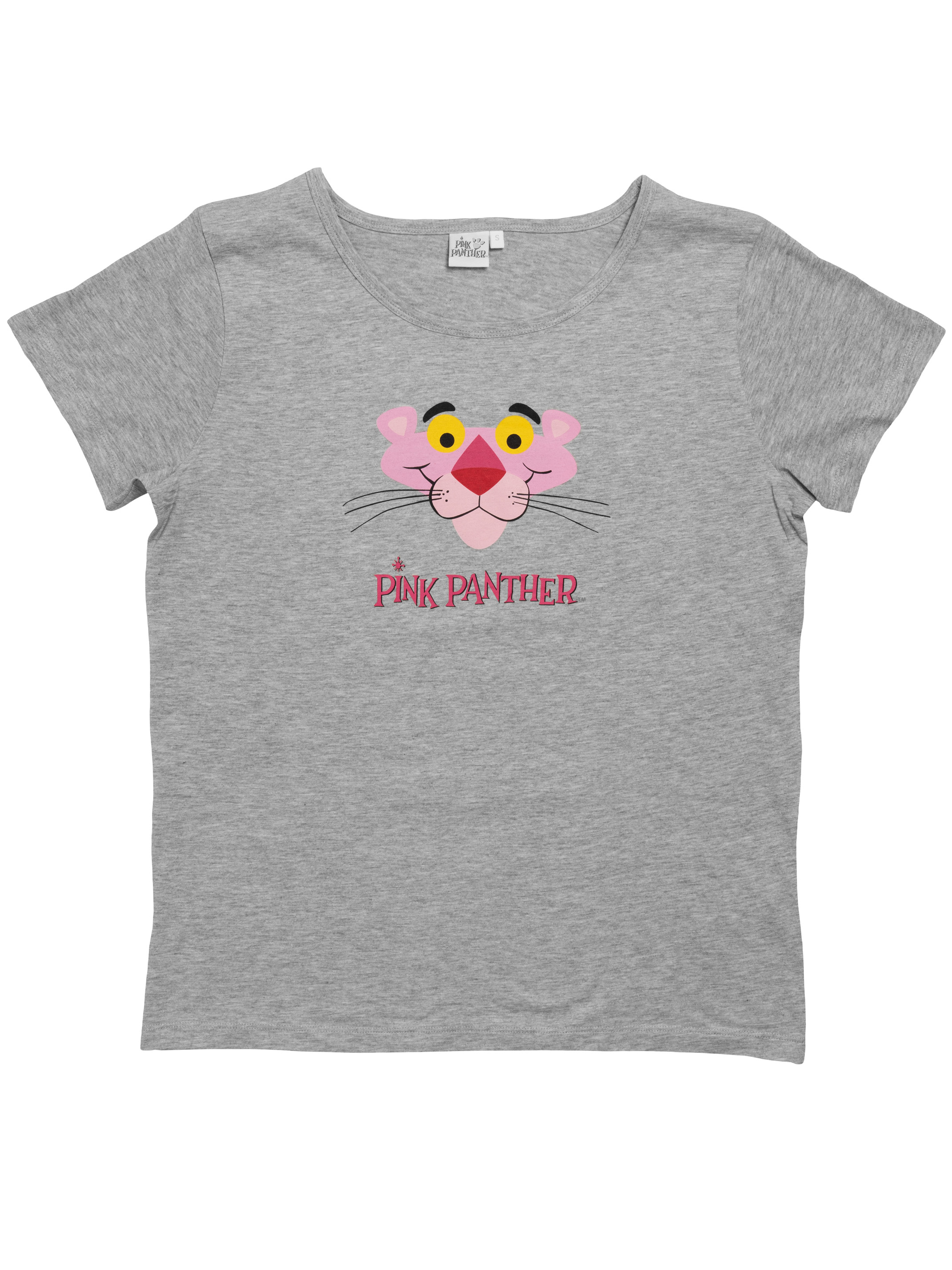 Graues T-Shirt mit dem Gesicht des Pink Panther und dem Text 'PINK PANTHER' in Rosa.