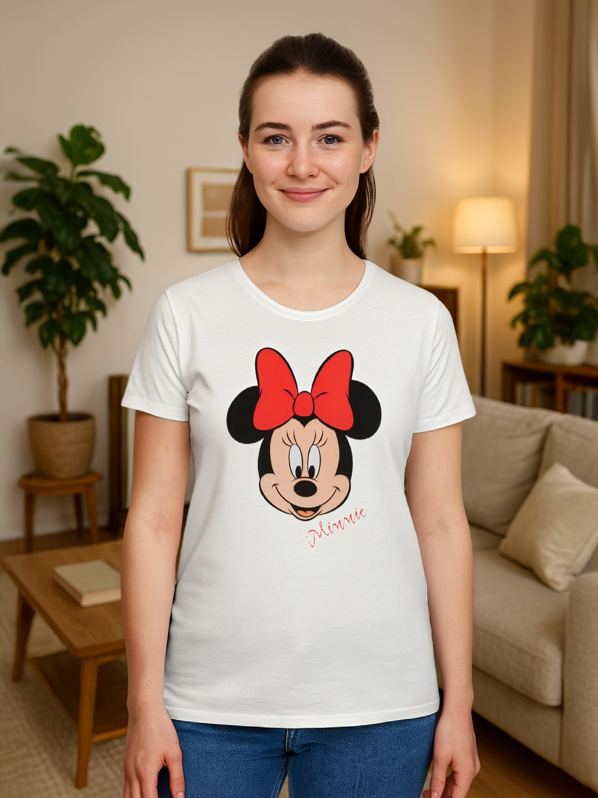Frau trägt ein weißes T-Shirt mit Minnie-Maus-Design. Sie lächelt. Der Hintergrund zeigt ein Wohnzimmer.