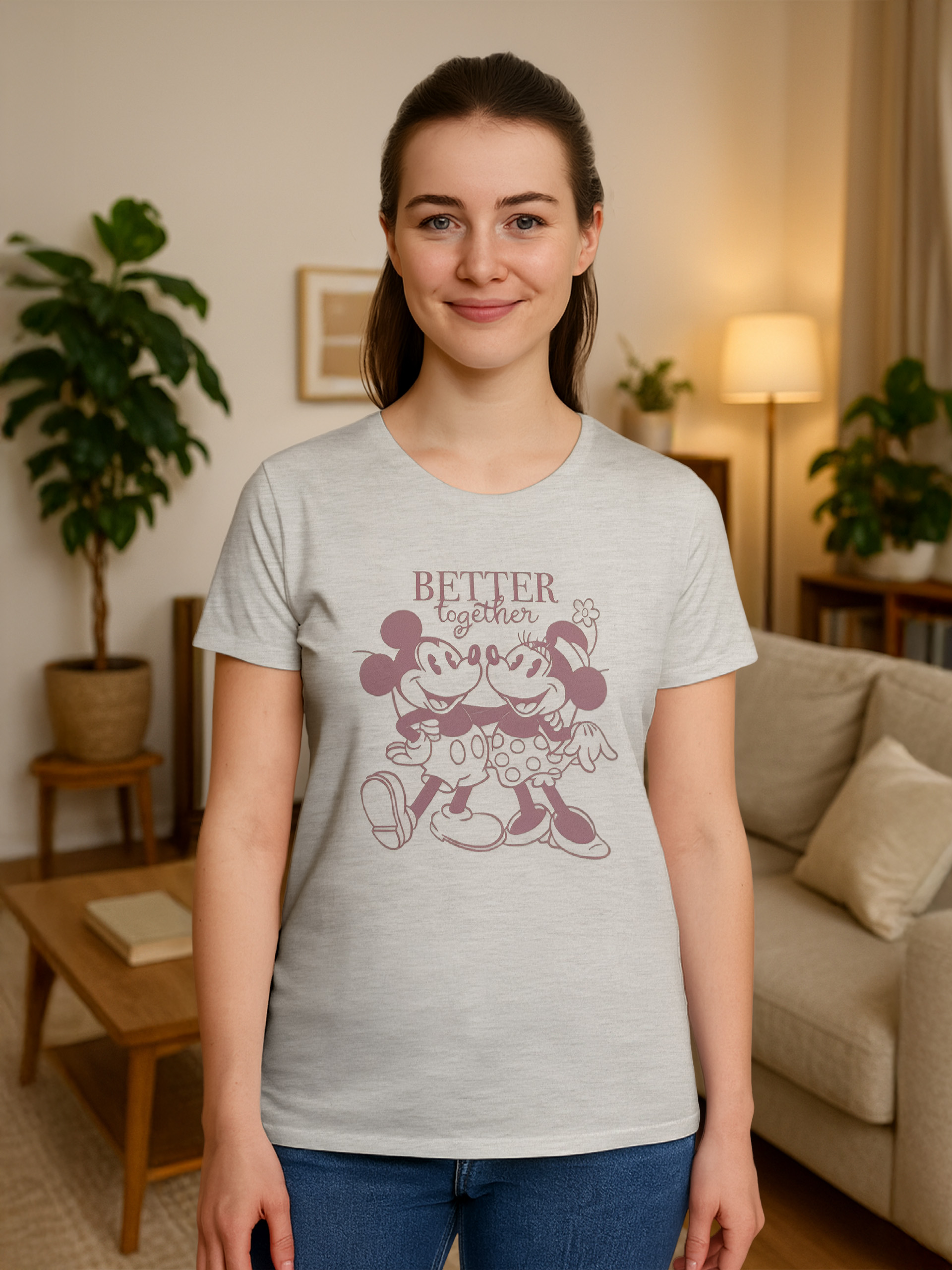 Eine Frau in einem T-Shirt mit Mickey- und Minnie-Mouse-Design. Sie lächelt in einem Wohnzimmer.