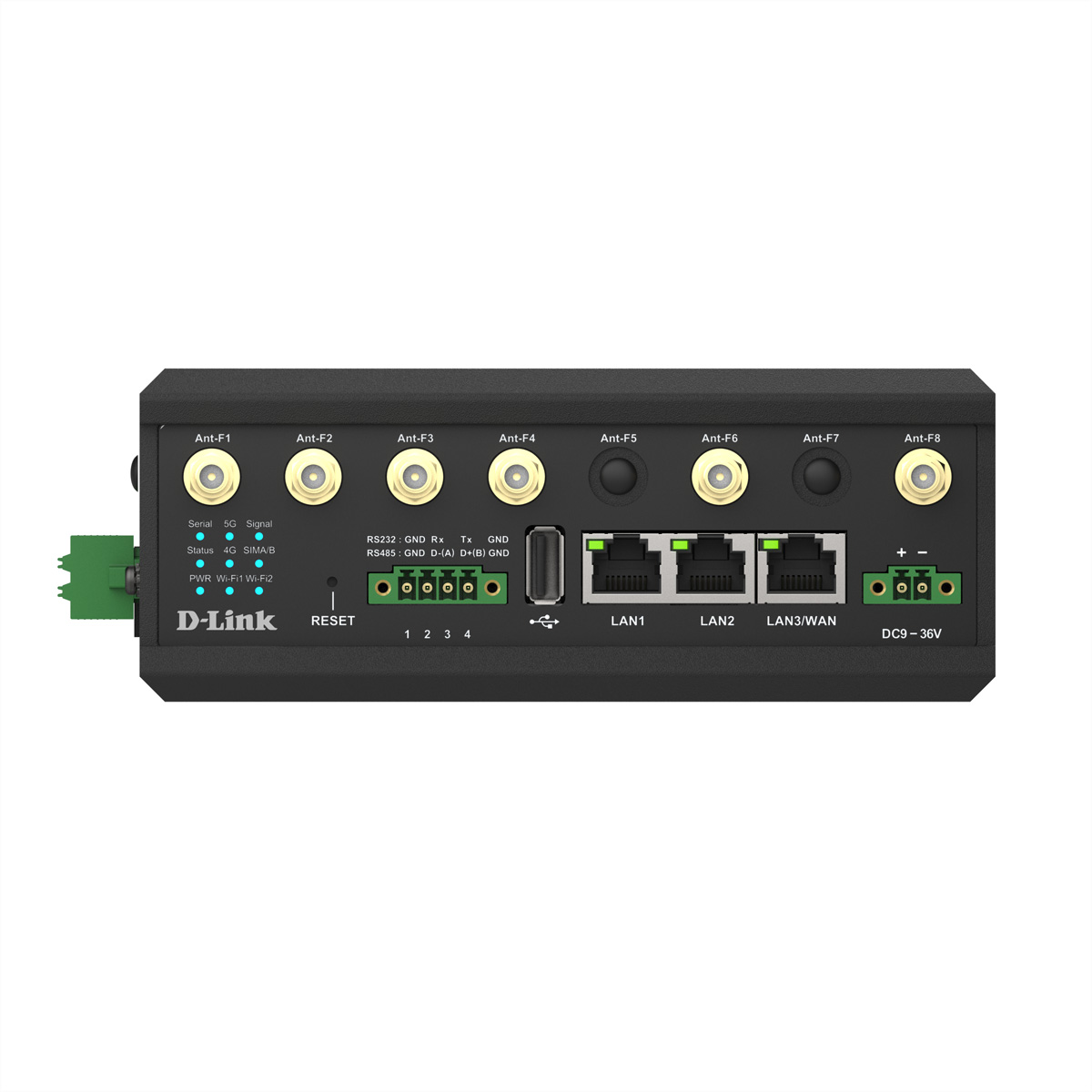 Ein schwarzer D-Link-Router mit Antennenanschlüssen, LAN-Anschlüssen und Status-LEDs. Die Anschlüsse sind mit Ant-F1 bis Ant-F8 beschriftet.