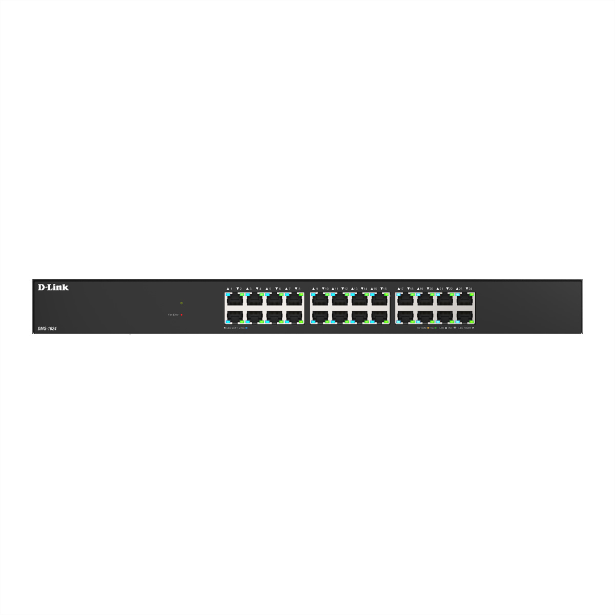 Ein D-Link DMS-1024 Netzwerk-Switch. Er hat 24 Ethernet-Ports, Status-LEDs und ist schwarz. Text ist vorhanden.