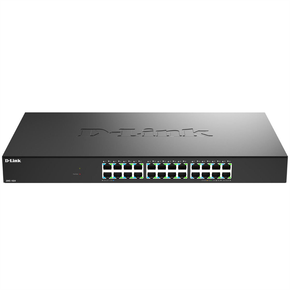 Ein schwarzer D-Link DMS-1024-Netzwerkswitch mit mehreren Anschlüssen. Die Vorderseite hat grüne und blaue Lichter. Das D-Link-Logo befindet sich oben.