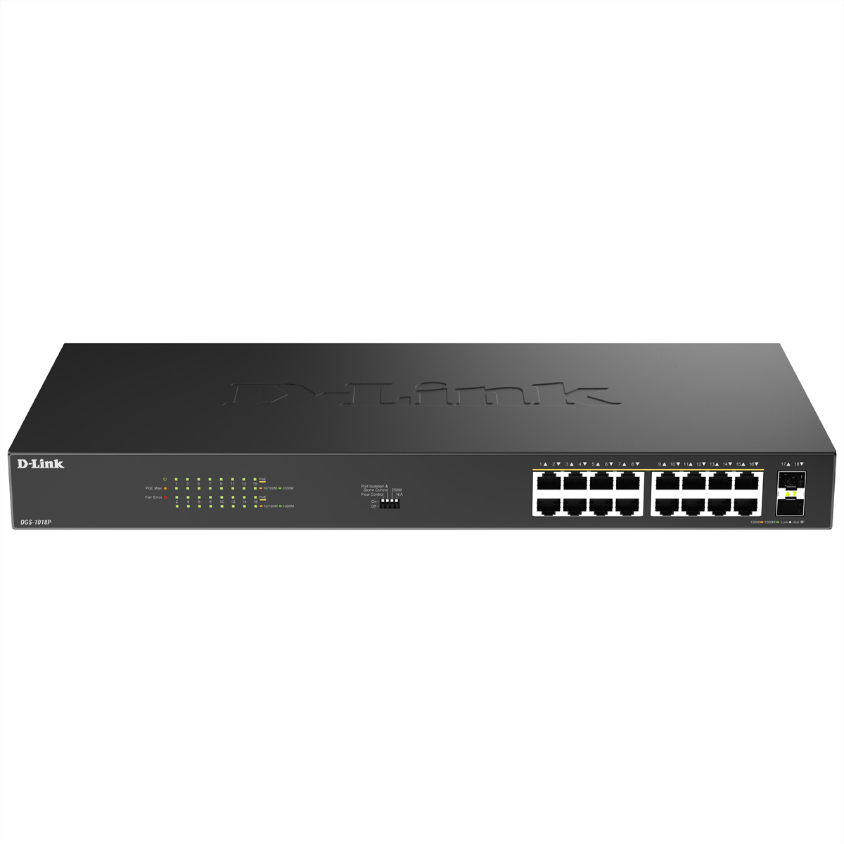 Ein schwarzer D-Link-Netzwerk-Switch mit mehreren Ports. Es hat Kontrollleuchten und das D-Link-Logo. Der Hintergrund ist weiß.