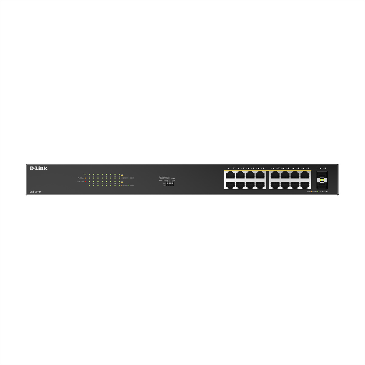 Ein D-Link DGS-1018P Netzwerk-Switch. Er verfügt über mehrere Ports mit Kontrollleuchten und einen Stromanschluss. Auf weißem Hintergrund.