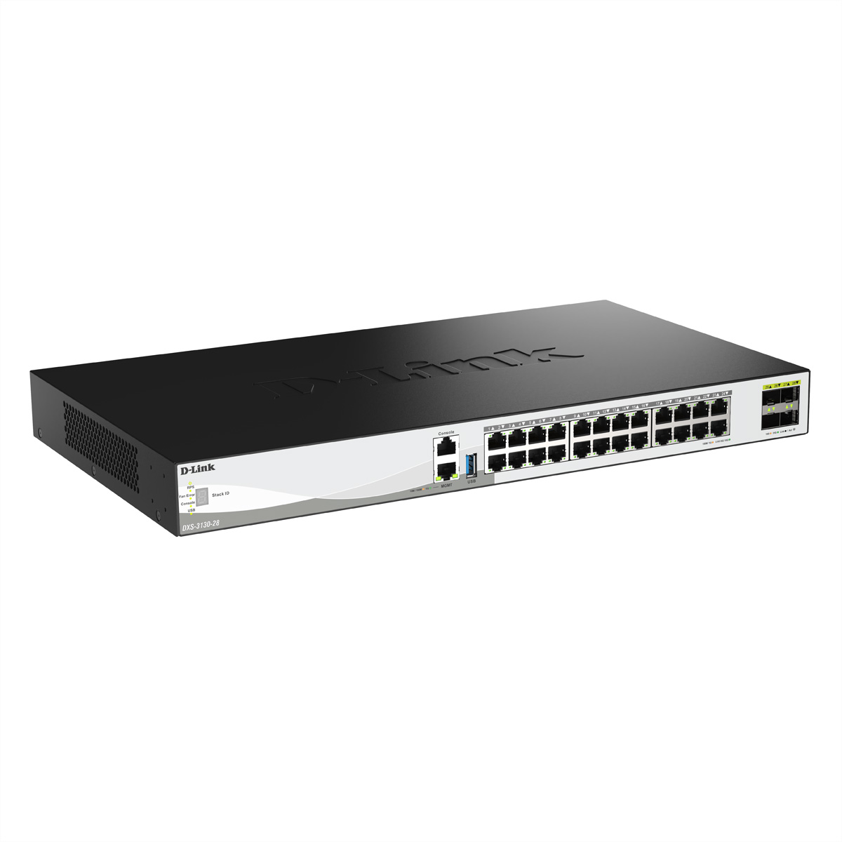 Gezeigt wird ein D-Link-Netzwerk-Switch. Er ist schwarz und silber mit mehreren Anschlüssen. Das D-Link-Logo ist sichtbar.