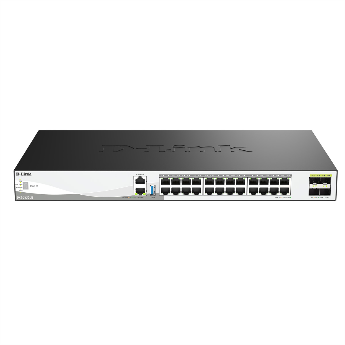 Ein D-Link-Netzwerk-Switch wird gezeigt. Er hat mehrere Anschlüsse und Kontrollleuchten. Die Modellnummer DXS-3130-28 ist sichtbar.