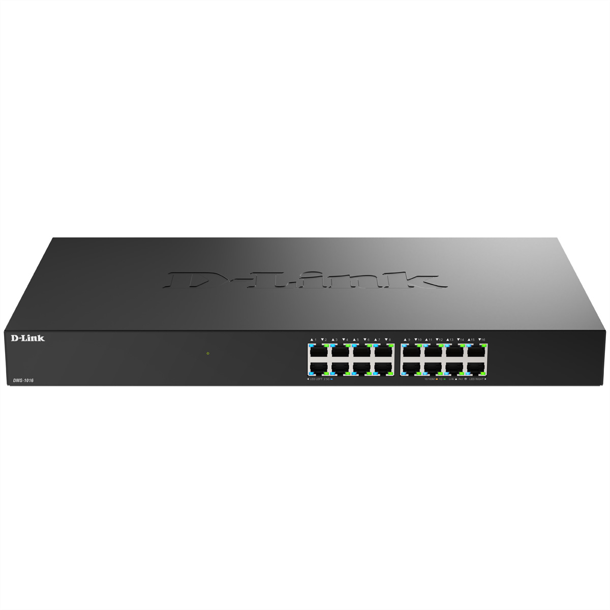 Switch de red D-Link DMS-1016 negro. Tiene 16 puertos Ethernet, un LED de encendido verde y fondo blanco.