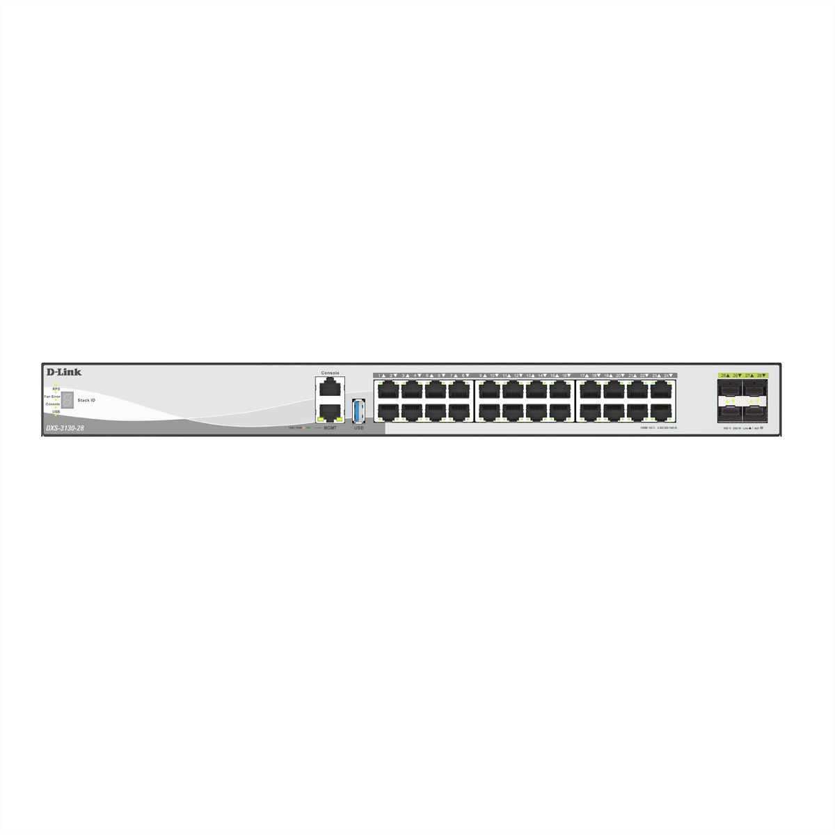 Ein D-Link DXS-3130-28 Switch. Er hat mehrere Anschlüsse, darunter Konsole, USB und 24 Ethernet-Ports. Status-LEDs sind sichtbar.