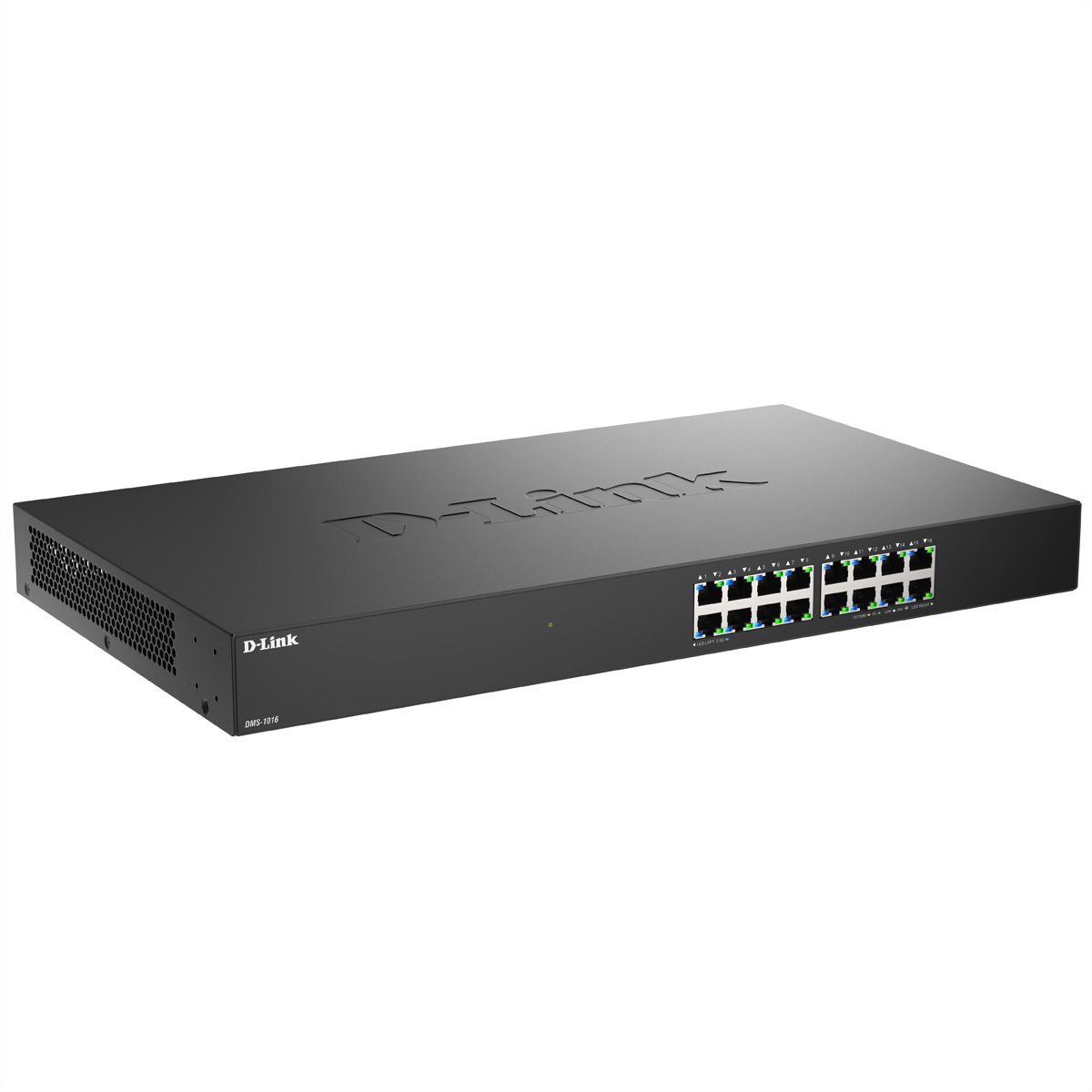 Un switch de red D-Link negro con múltiples puertos. El dispositivo tiene el logotipo de D-Link e información del modelo del producto.