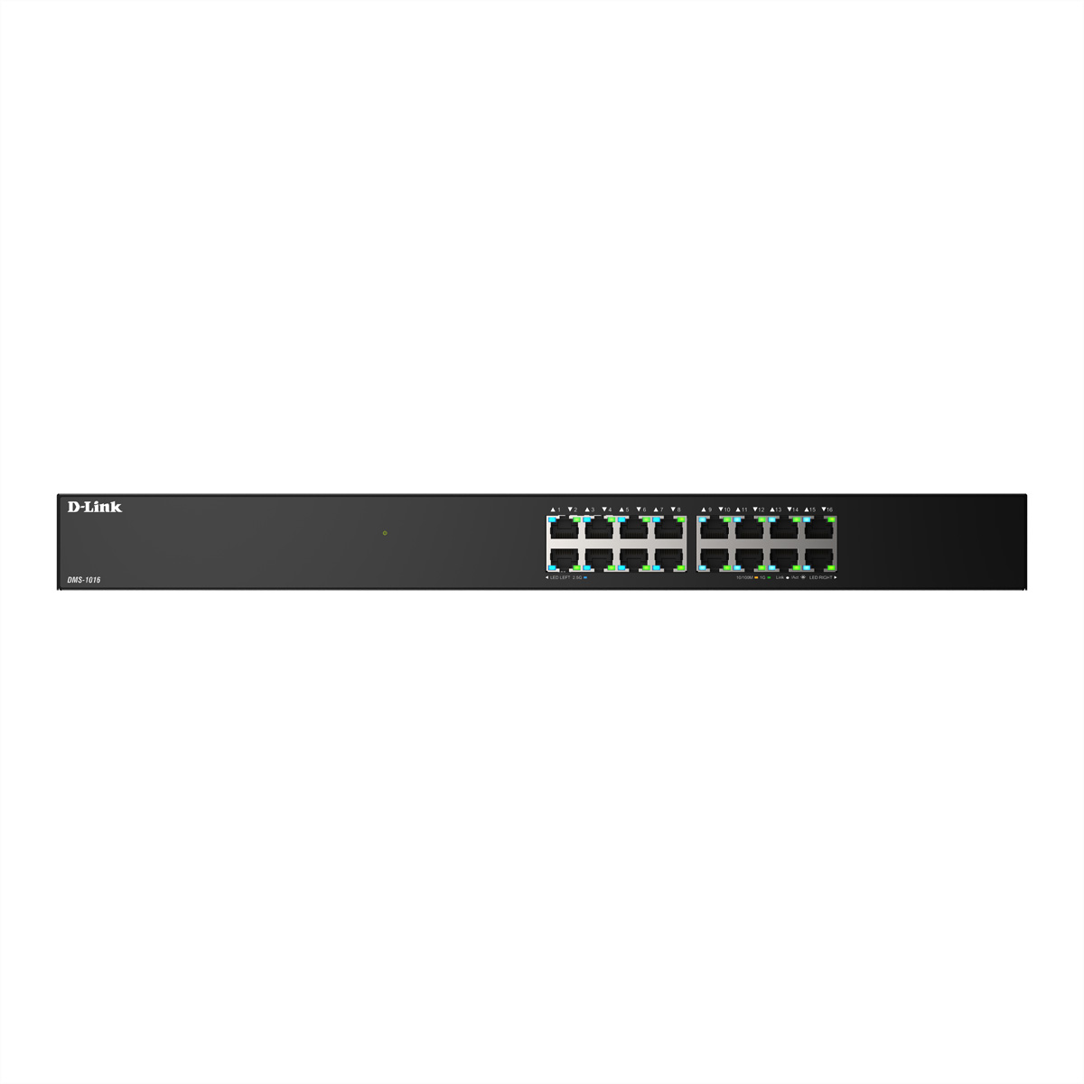 Un switch negro D-Link DMS-1016 con 16 puertos. Luces verdes y azules visibles en el panel frontal. El fondo es blanco.