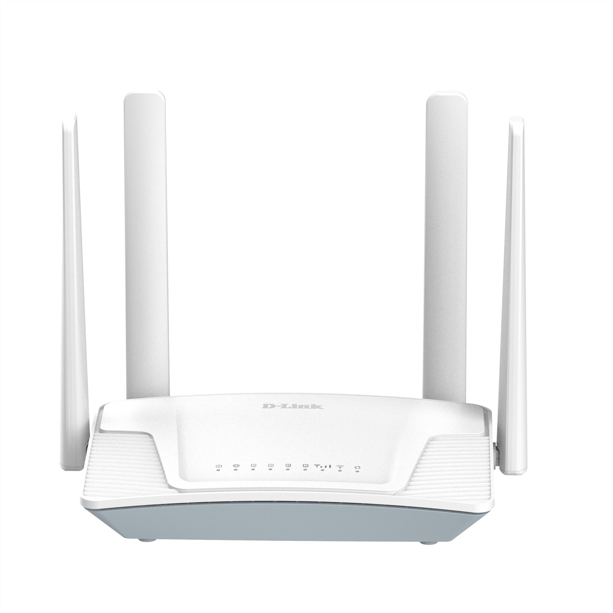Un router D-Link bianco con 4 antenne. Ha una base grigia e il logo D-Link in alto. Lo sfondo è bianco.