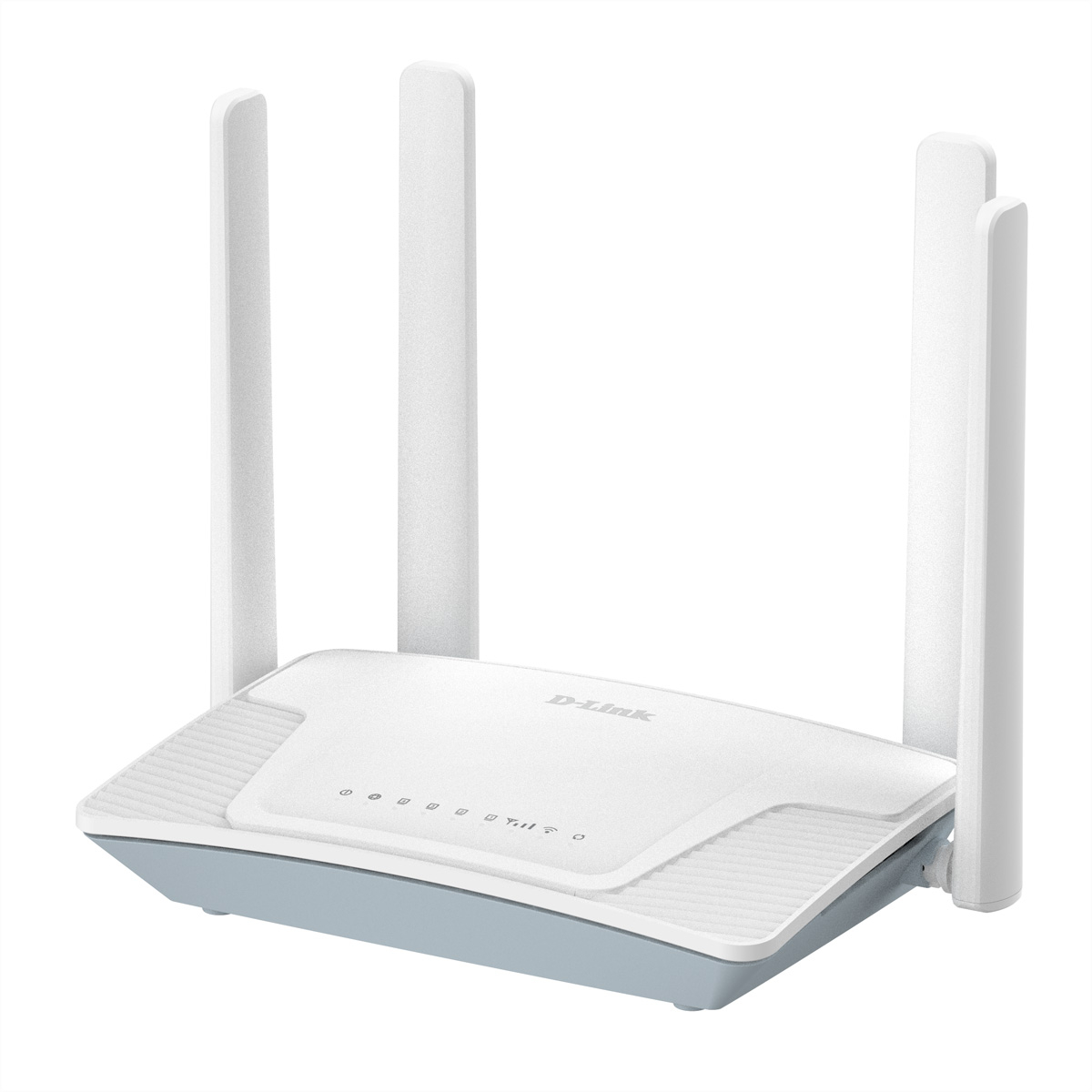 Un router D-Link bianco con quattro antenne. Ha una base azzurra. Il pannello frontale ha diverse spie.