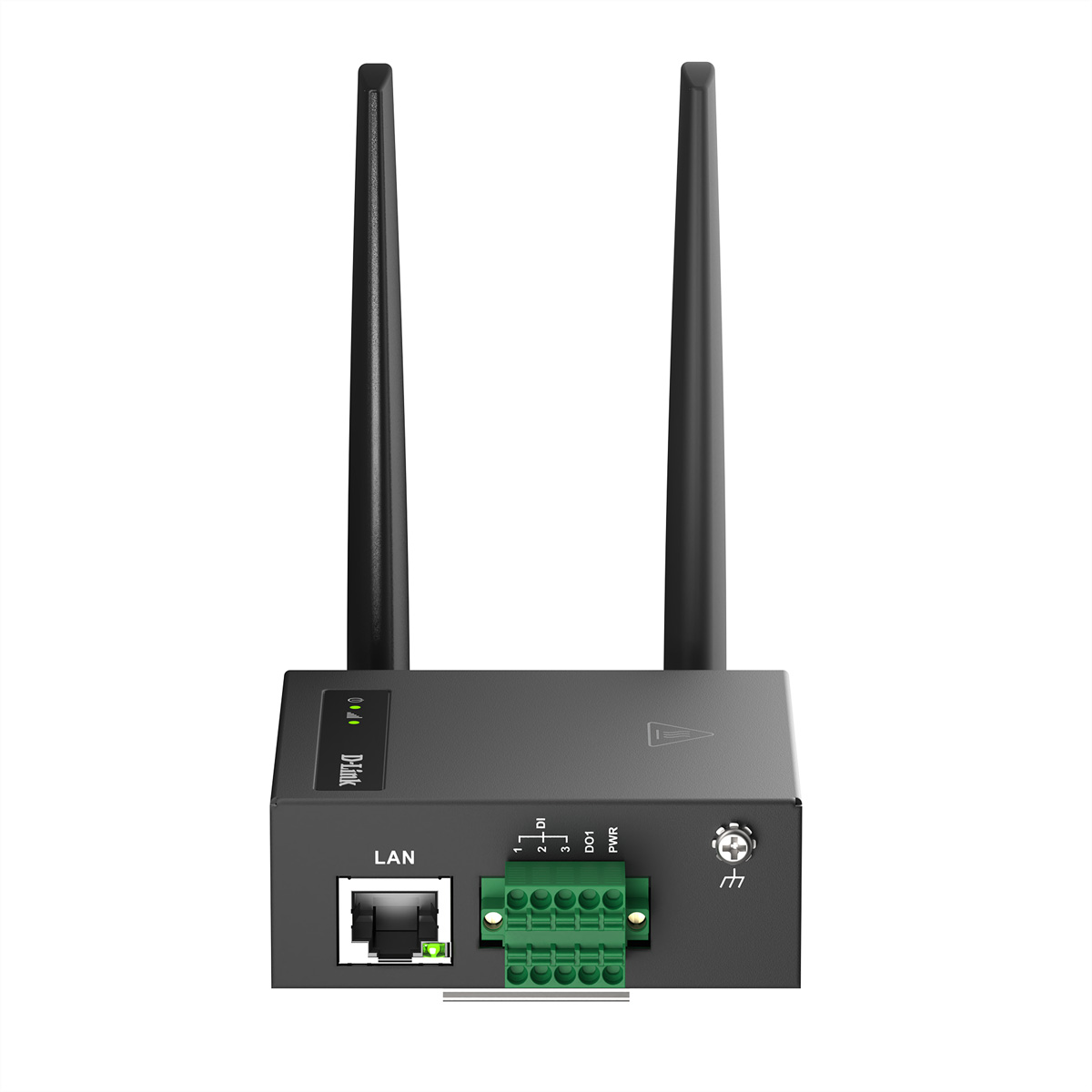 Ein schwarzes D-Link-Gerät mit zwei Antennen. Es hat einen LAN-Anschluss, grüne Anschlüsse und Statusanzeigen. Isoliert auf weißem Hintergrund.