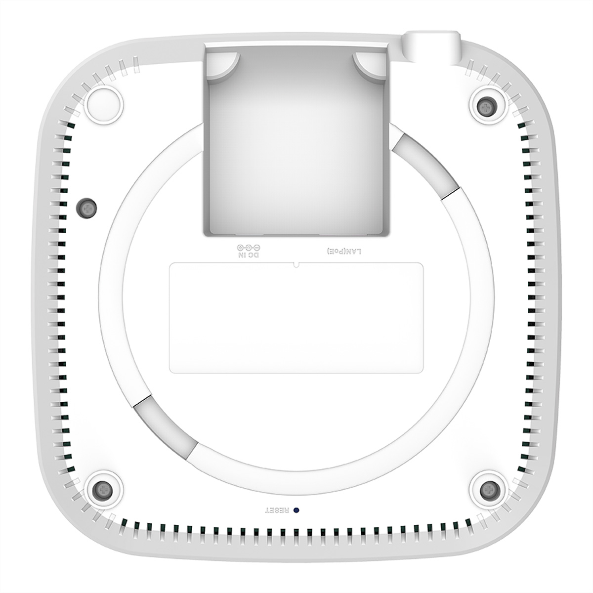 Dispositivo de red blanco y cuadrado. Incluye un área central empotrada, elementos de diseño circular y puertos etiquetados como 'DC IN', 'LAN(PoE)' y 'RESET'.