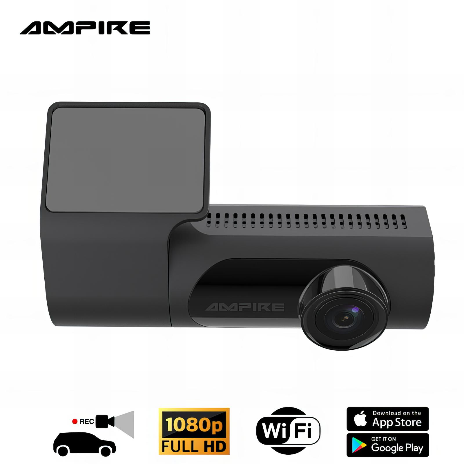 Schwarze Ampire-Dashcam mit Bildschirm, Kameraobjektiv und Symbolen für 1080p, Wi-Fi und App-Download.