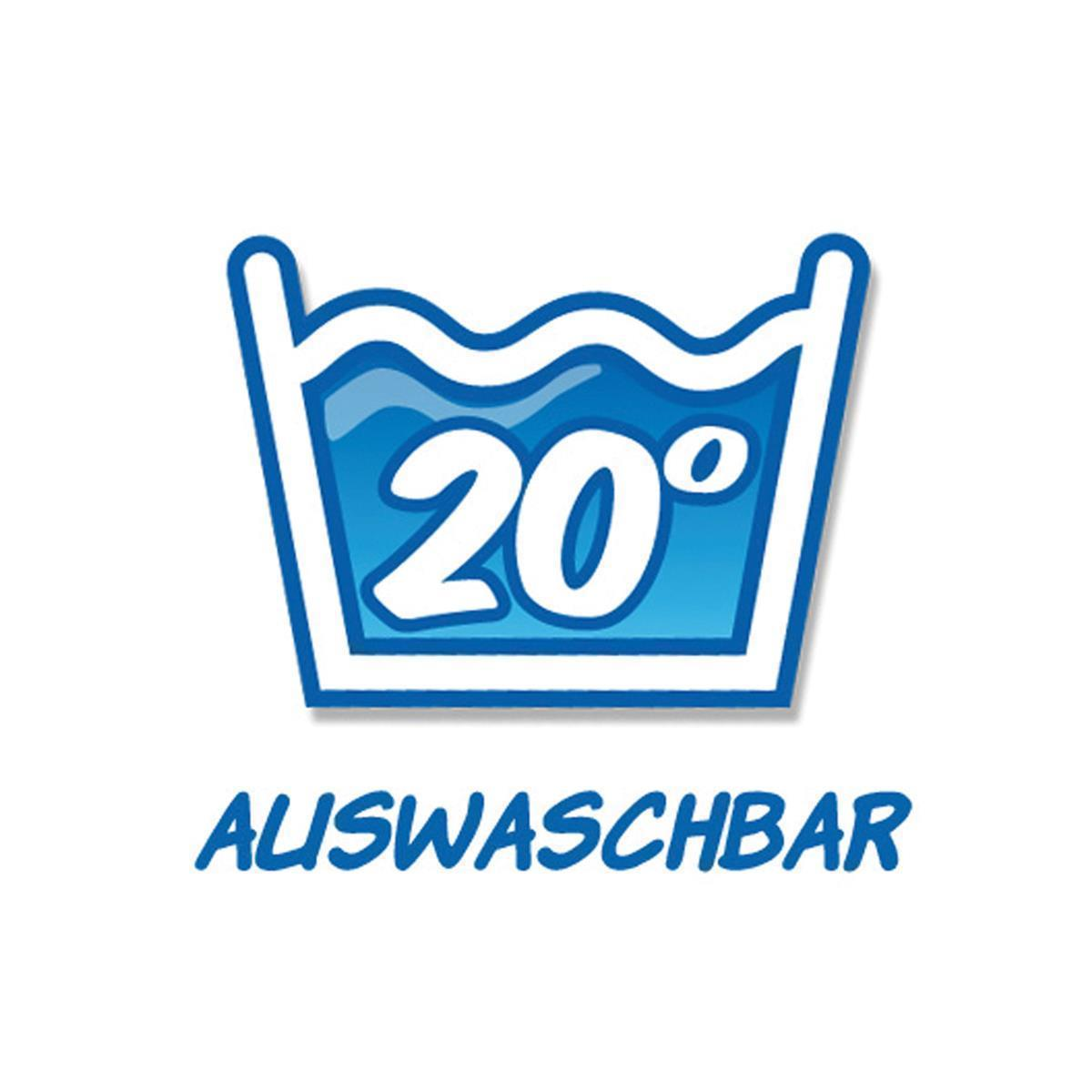 Blau-weißes Waschsymbol mit '20°' im Inneren. Darunter steht 'AUSWASCHBAR' in blauer Schrift.
