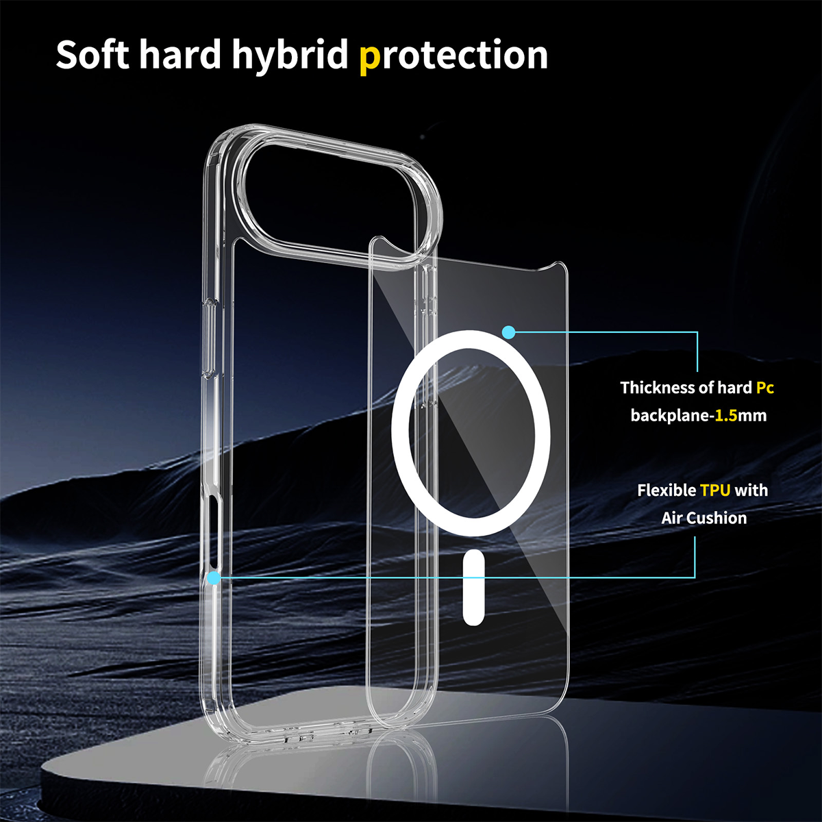 Eine transparente Handyhülle mit Magnetring. Text zeigt weichen, harten, hybriden Schutz, harte PC-Rückwand und flexibles TPU mit Luftkissen.