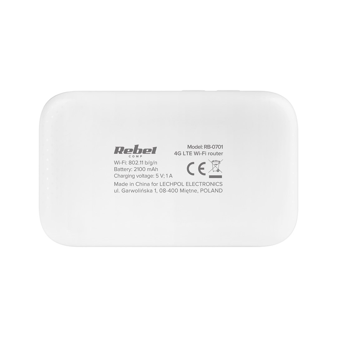 Biały router Wi-Fi 4G LTE Rebel Comp. Tekst zawiera model, info Wi-Fi, specyfikacje baterii i oznaczenie CE. Wyprodukowano w Polsce.