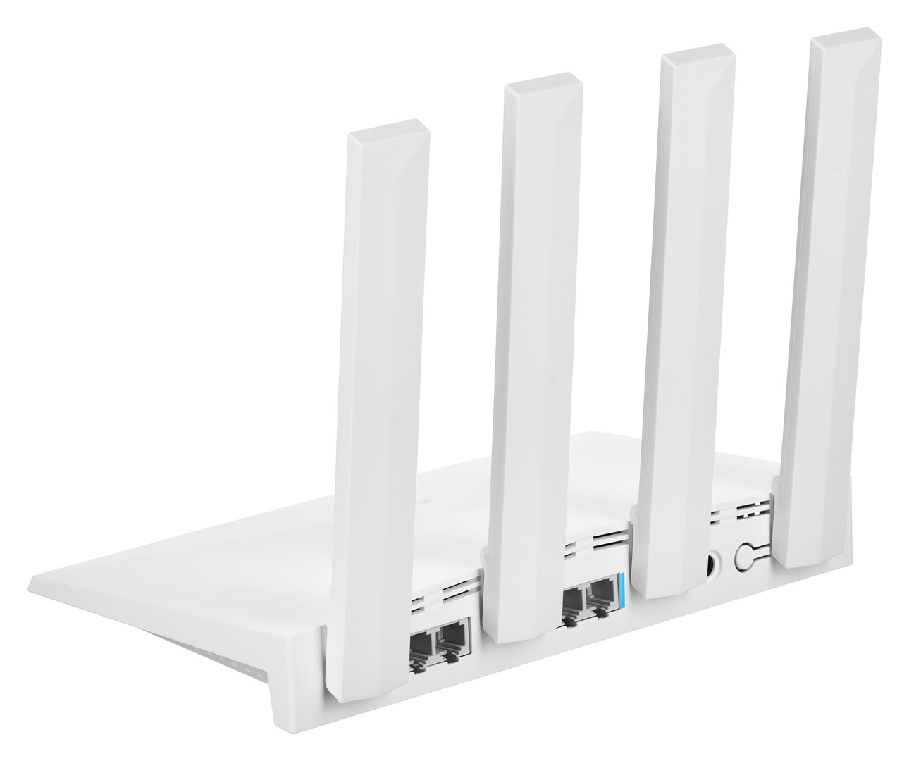Biały router z czterema antenami. Ma wiele portów i przycisk zasilania. Tło jest białe.