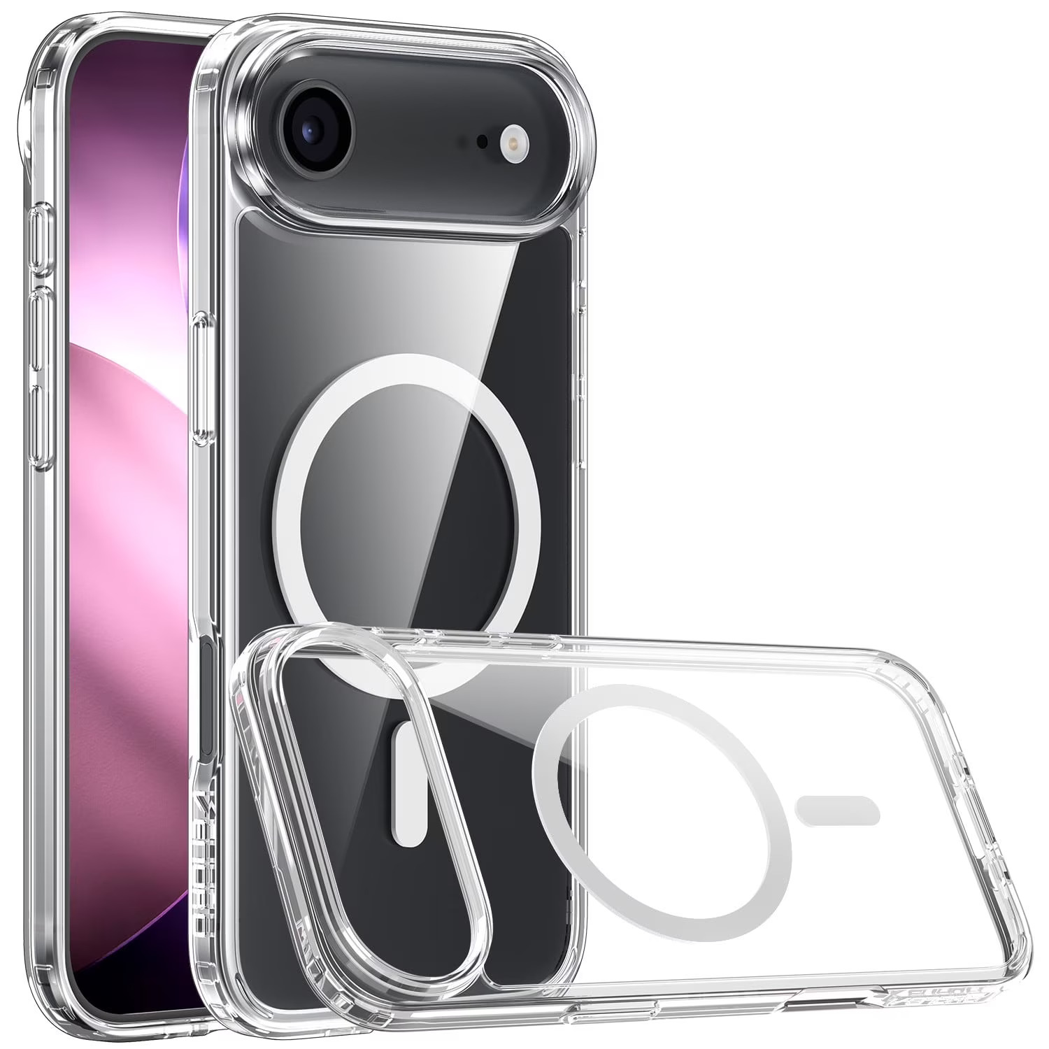 Transparente Handyhülle mit Telefon. Die Hülle hat einen Magnetring auf der Rückseite. Das Telefon zeigt einen rosa Hintergrund.