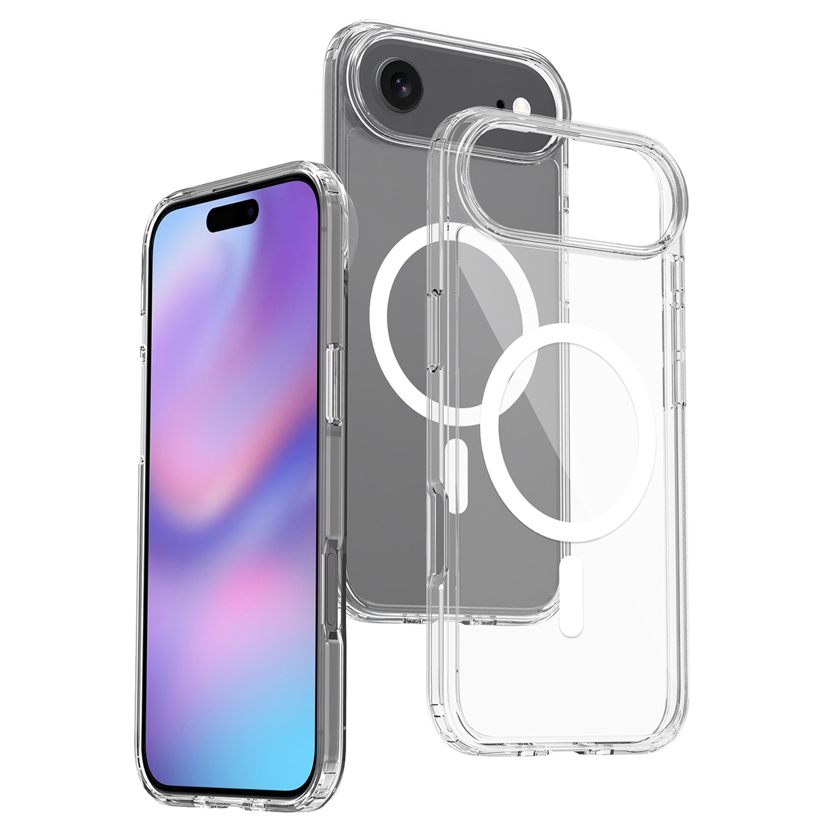 Drei durchsichtige Handyhüllen und ein Handy mit farbenfrohem Bildschirm. Zwei Hüllen sind transparent, eine ist auf dem Handy. Der Hintergrund ist weiß.