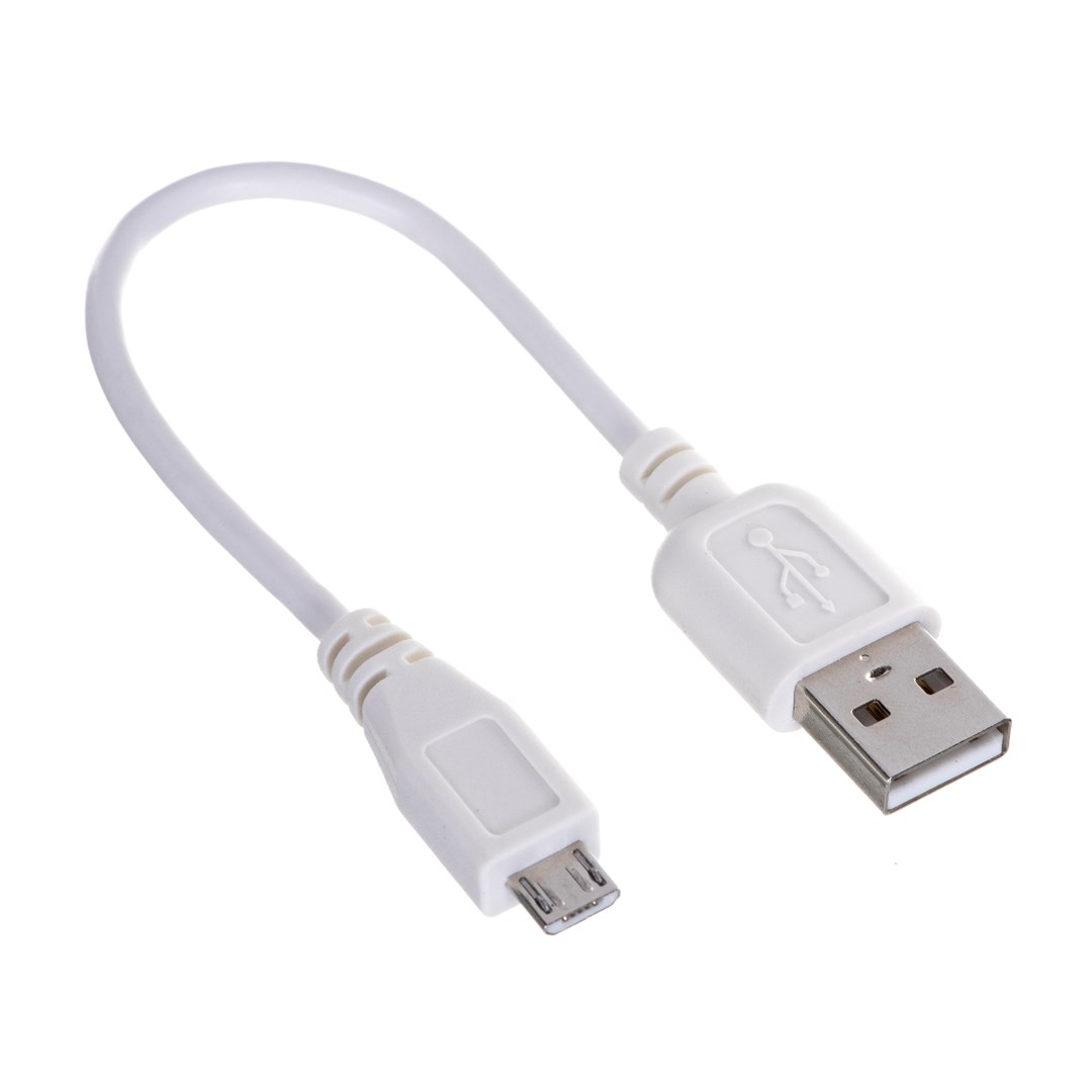 Biały kabel USB z wtyczką micro USB na jednym końcu i standardową wtyczką USB na drugim, na białym tle.