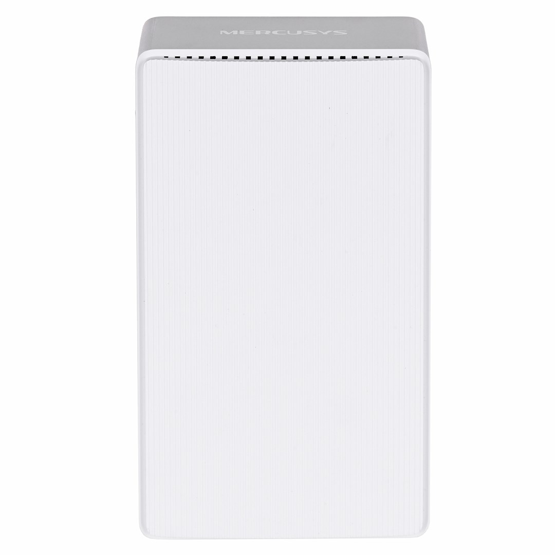 Un router Mercusys bianco e grigio. La parte superiore è grigia con il marchio. Il frontale è bianco con linee verticali.