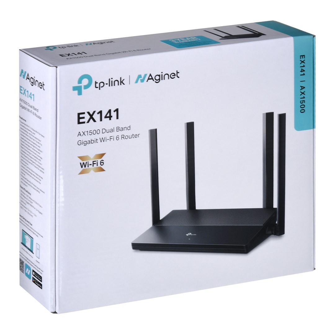 Pudełko z czarnym routerem Wi-Fi 6. Pudełko jest białe ze zdjęciem routera. Marki: tp-link, Aginet i EX141.