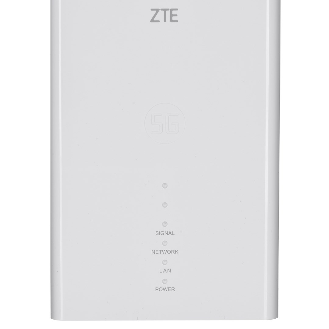 Biały router ZTE 5G. U góry: logo ZTE. Środek: symbol 5G. Dół: wskaźniki Sygnał, Sieć, LAN, Zasilanie.