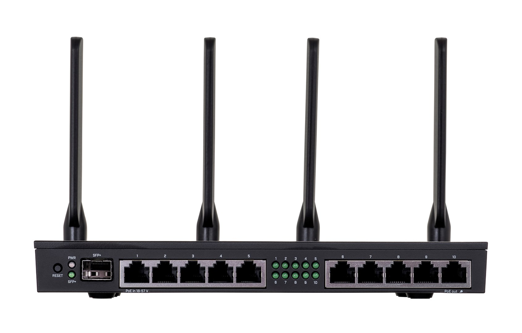 Czarny router z czterema antenami, wieloma portami i lampkami kontrolnymi. Etykiety to m.in. SFP+, PoE i numery.