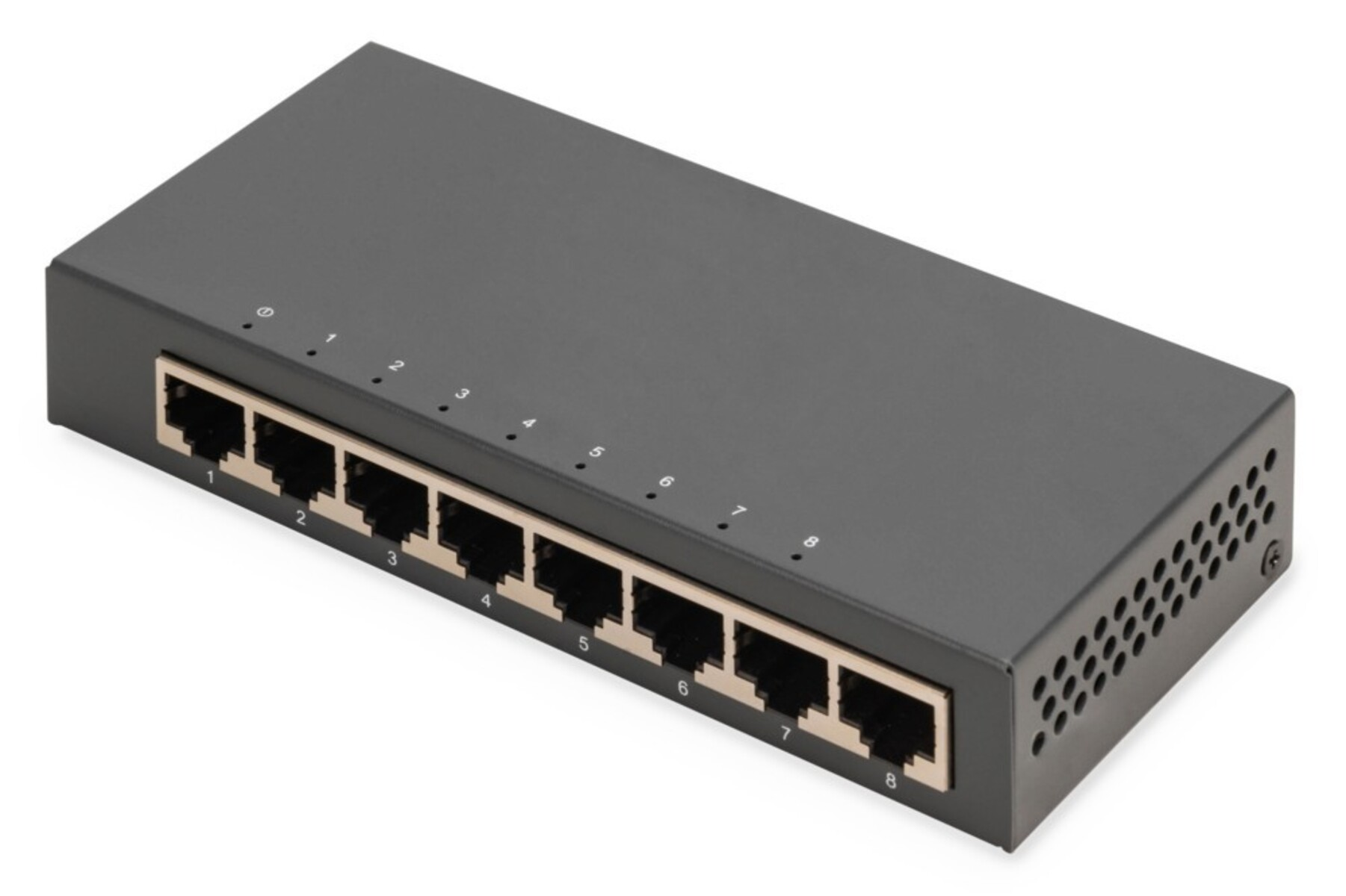 Uno switch di rete nero con otto porte Ethernet numerate. Lo switch è su sfondo bianco.