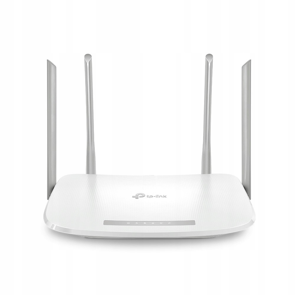 Biały router TP-Link z czterema antenami. Z przodu ma kontrolki. Tło jest białe.