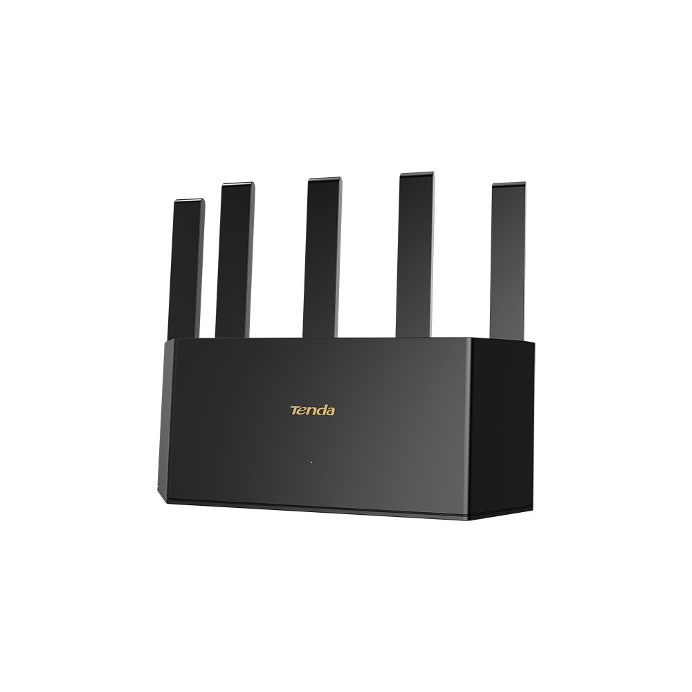 Czarny router Tenda z pięcioma antenami. Router jest prostokątny z logo Tenda z przodu. Białe tło.