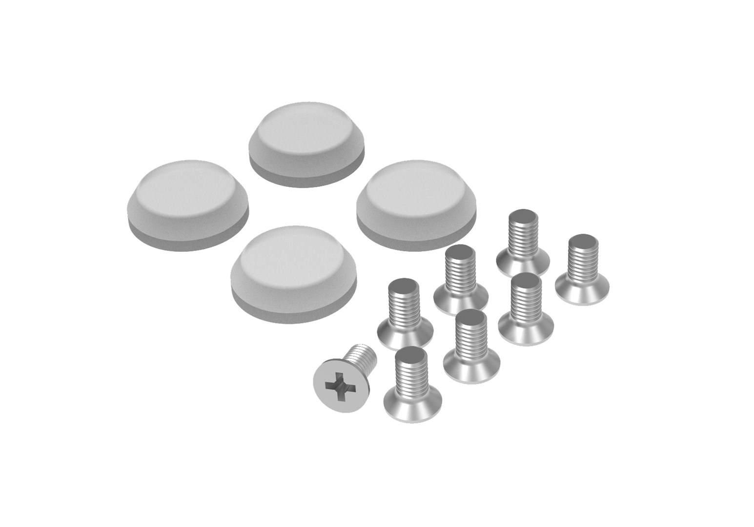 Obraz przedstawia cztery szare, zaokrąglone zderzaki i osiem srebrnych śrub na białym tle. Śruby mają gniazda krzyżakowe.