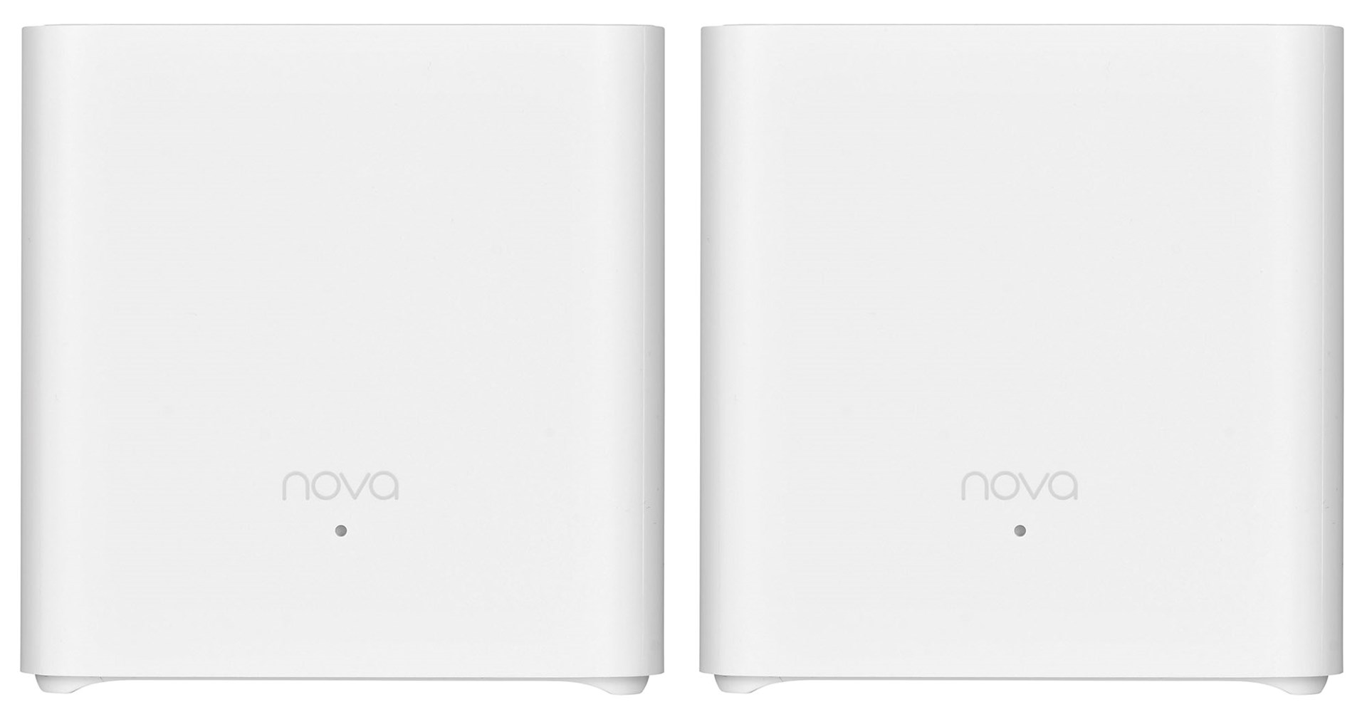 Dwa białe urządzenia Wi-Fi mesh 'Nova' obok siebie. Każde ma nazwę 'Nova' i kropkę z przodu.