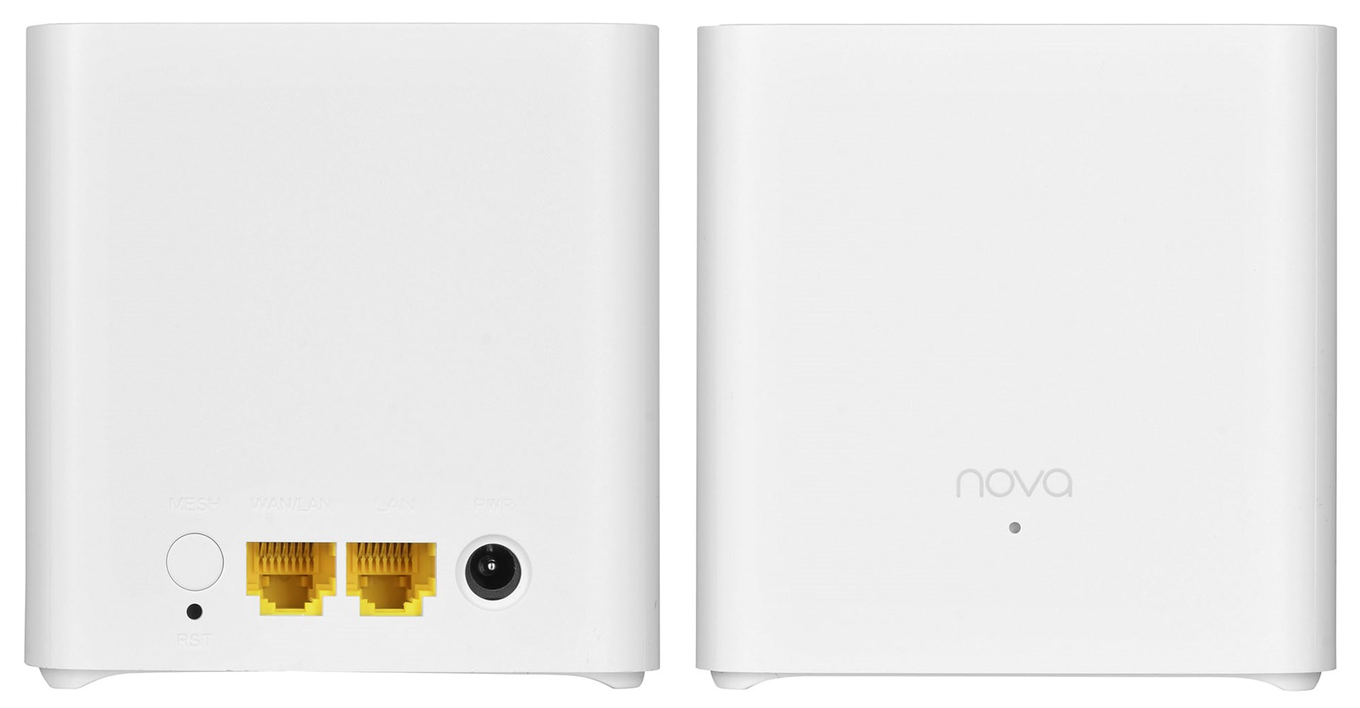 Dwa białe routery. Jeden pokazuje porty, drugi ma tekst 'nova'.