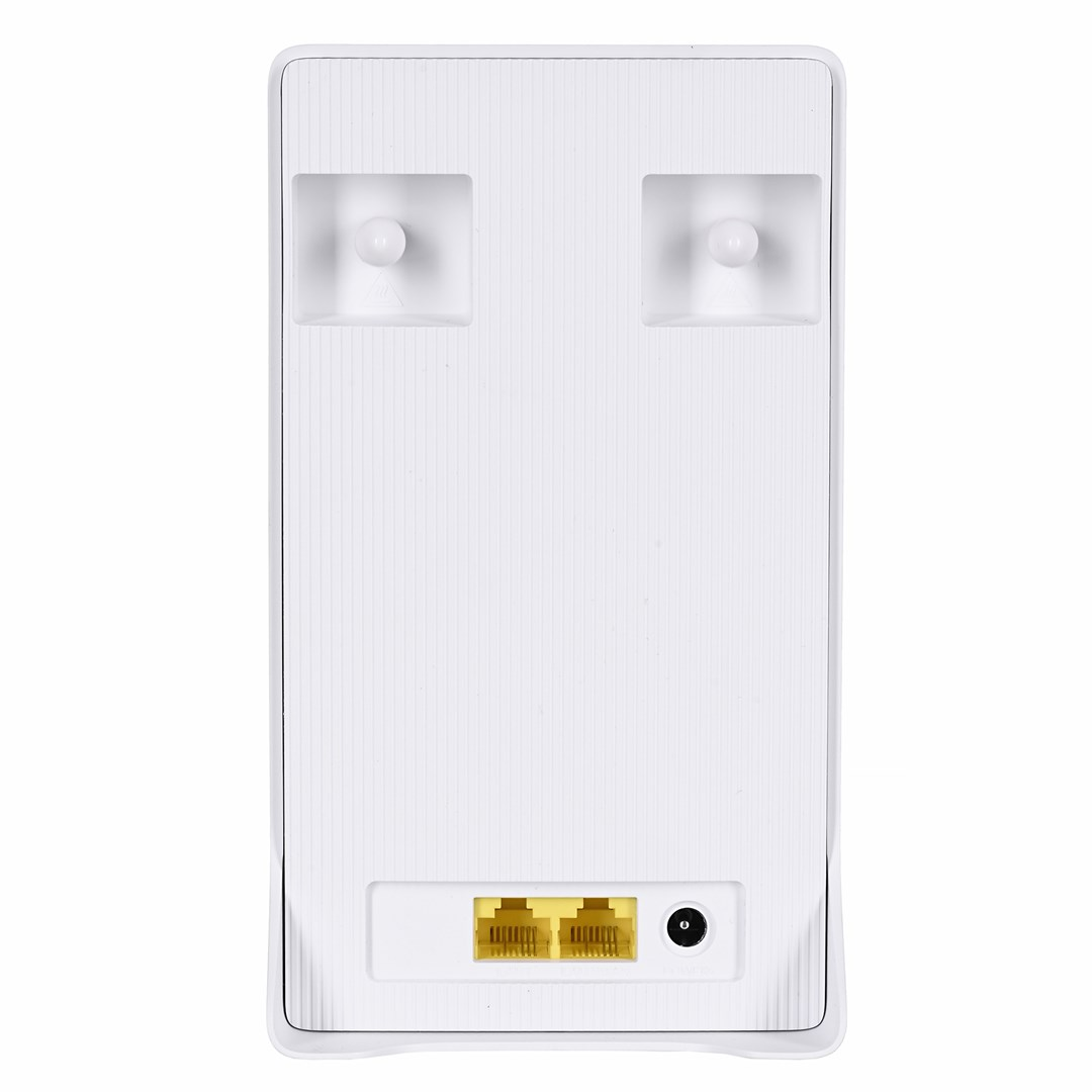 Rückseite eines weißen Routers mit zwei gelben Ethernet-Anschlüssen, einem Stromeingang und zwei Montagelöchern. Gerippte Textur.