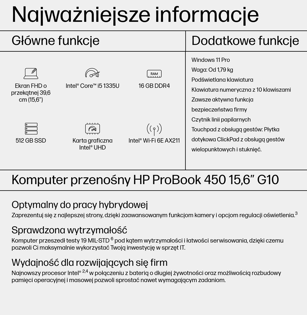 Arkusz specyfikacji laptopa. Wymienia funkcje, takie jak rozmiar ekranu, procesor, pamięć RAM i inne funkcje.