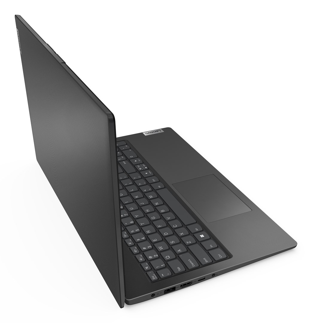 Ciemnoszary laptop Lenovo jest otwarty, widoczna klawiatura i touchpad. Ekran jest częściowo otwarty.