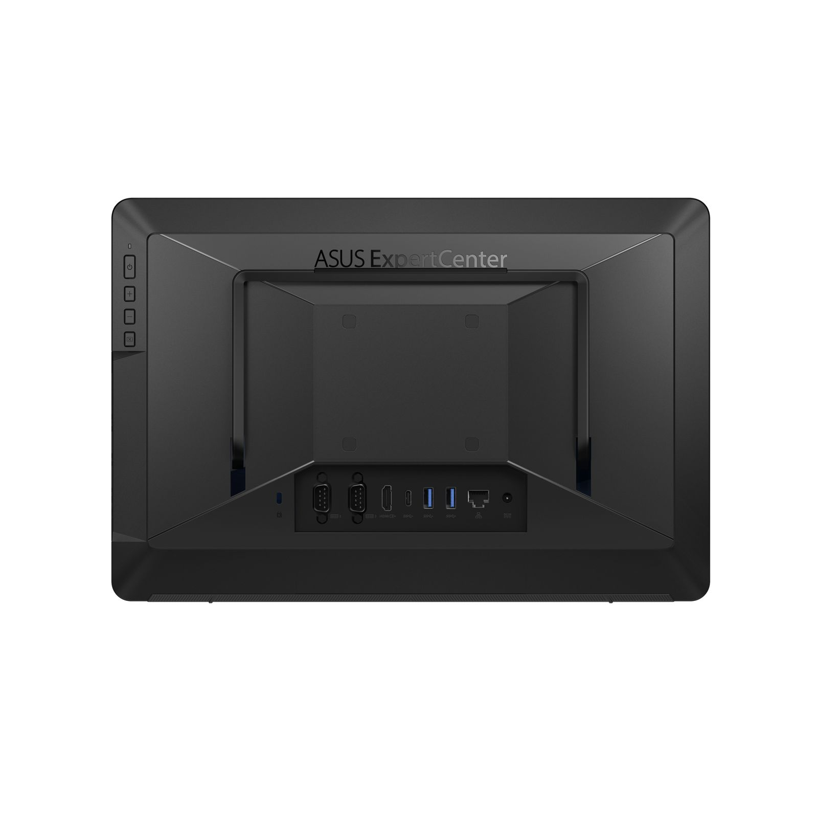 Vista posteriore di un monitor ASUS ExpertCenter. È nero con porte e pulsanti. Il logo è visibile.